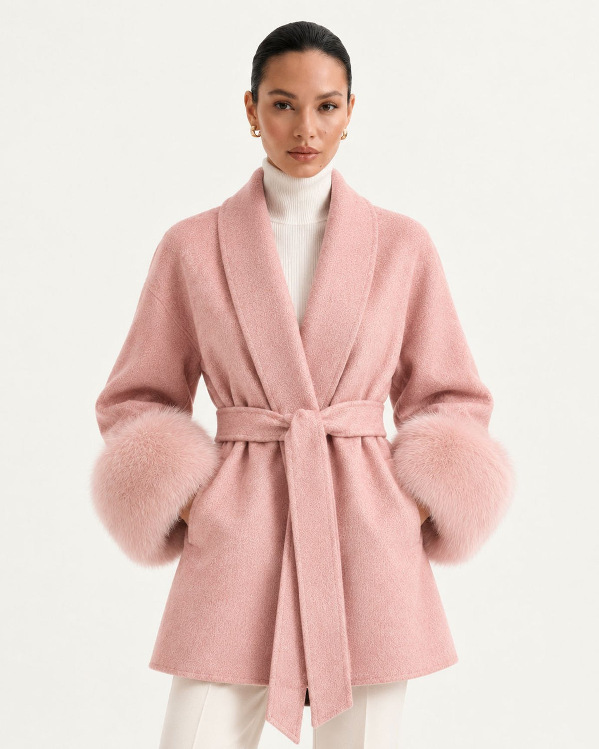 Divina Belted Double-Faced Wool Coat with Fox Fur Cuffs
