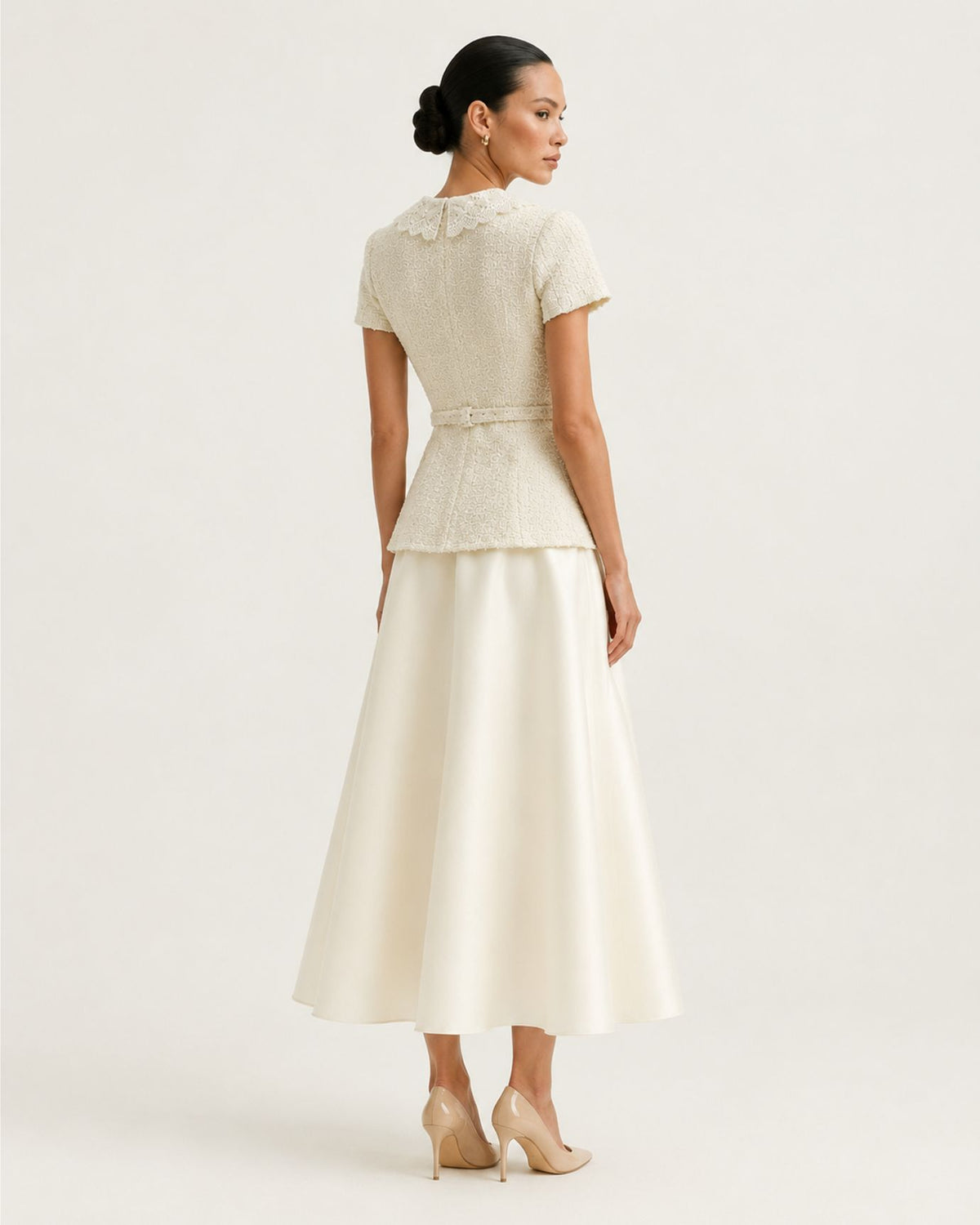 Cinched-Waist Off-White Peter Pan Collar Dress