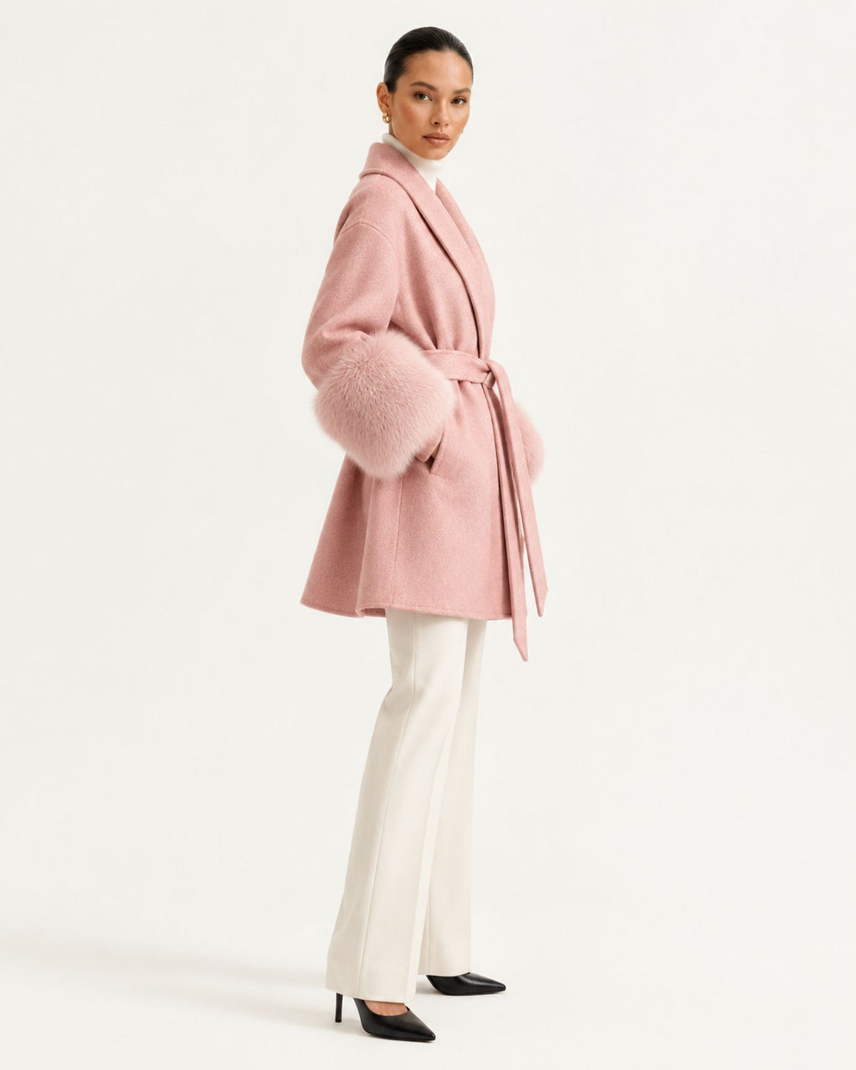 Divina Belted Double-Faced Wool Coat with Fox Fur Cuffs