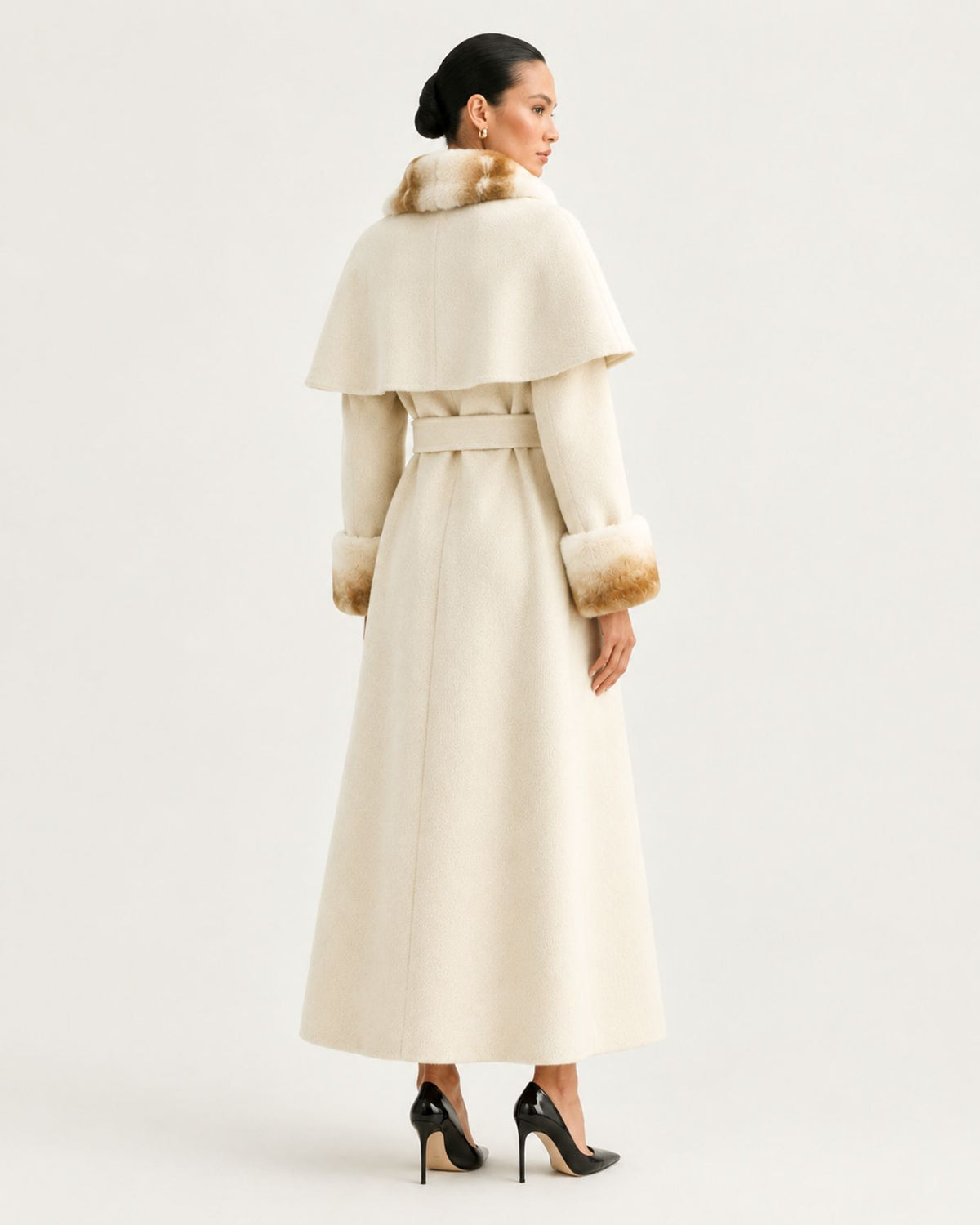 Long Double-Faced Wool Cape with Rex Rabbit Fur Collar