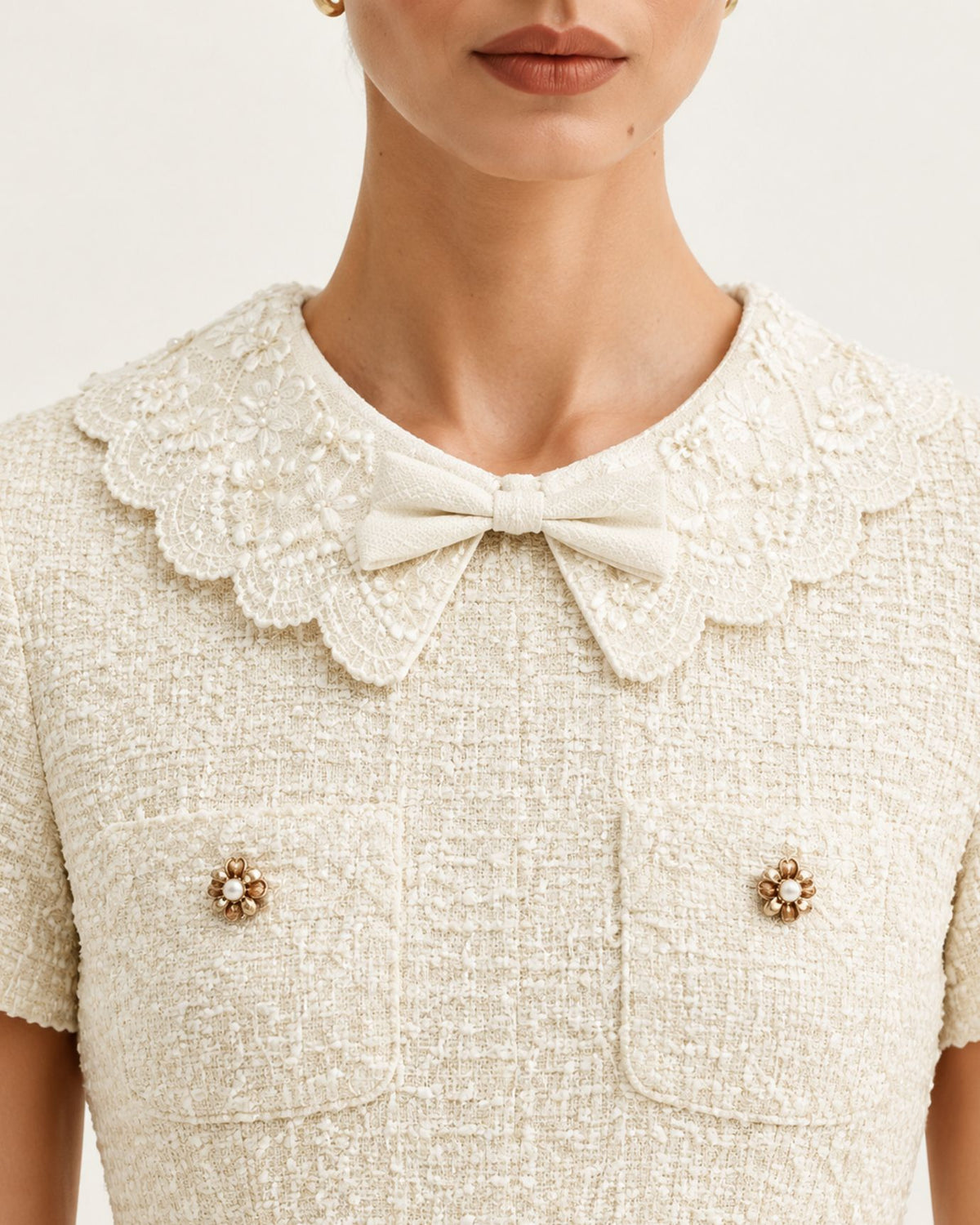 Cinched-Waist Off-White Peter Pan Collar Dress