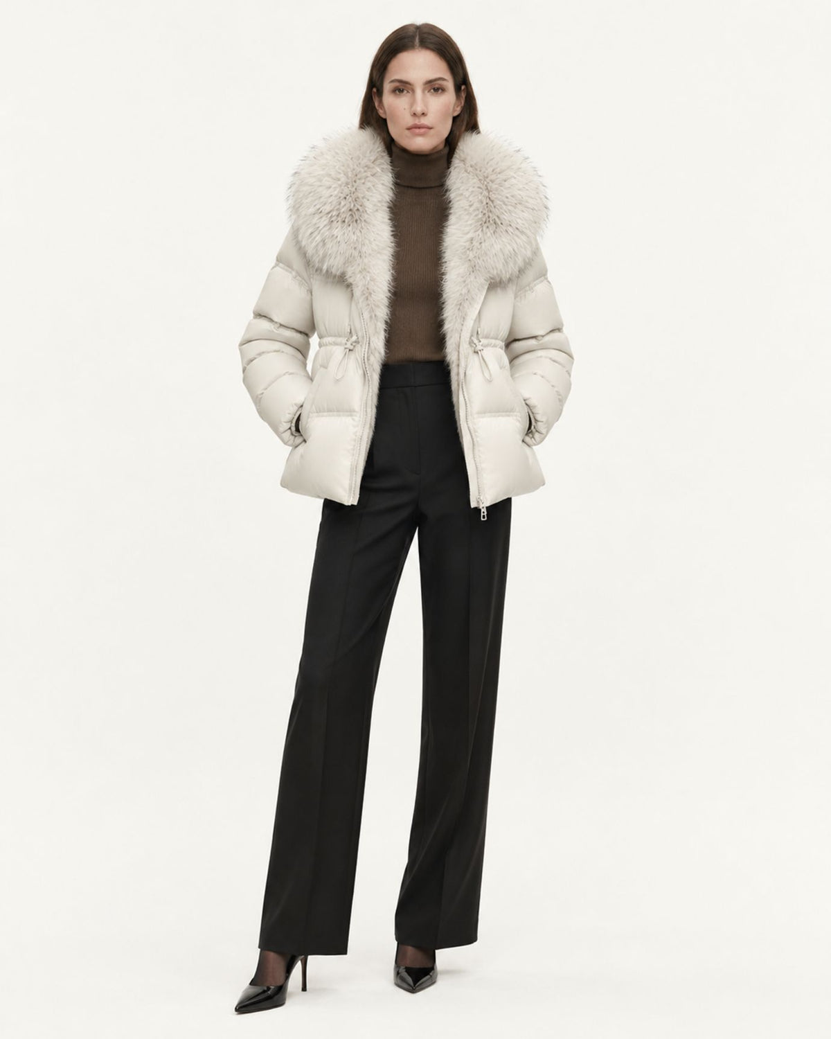 Belted Goose Down Coat with Detachable Fox Fur Collar
