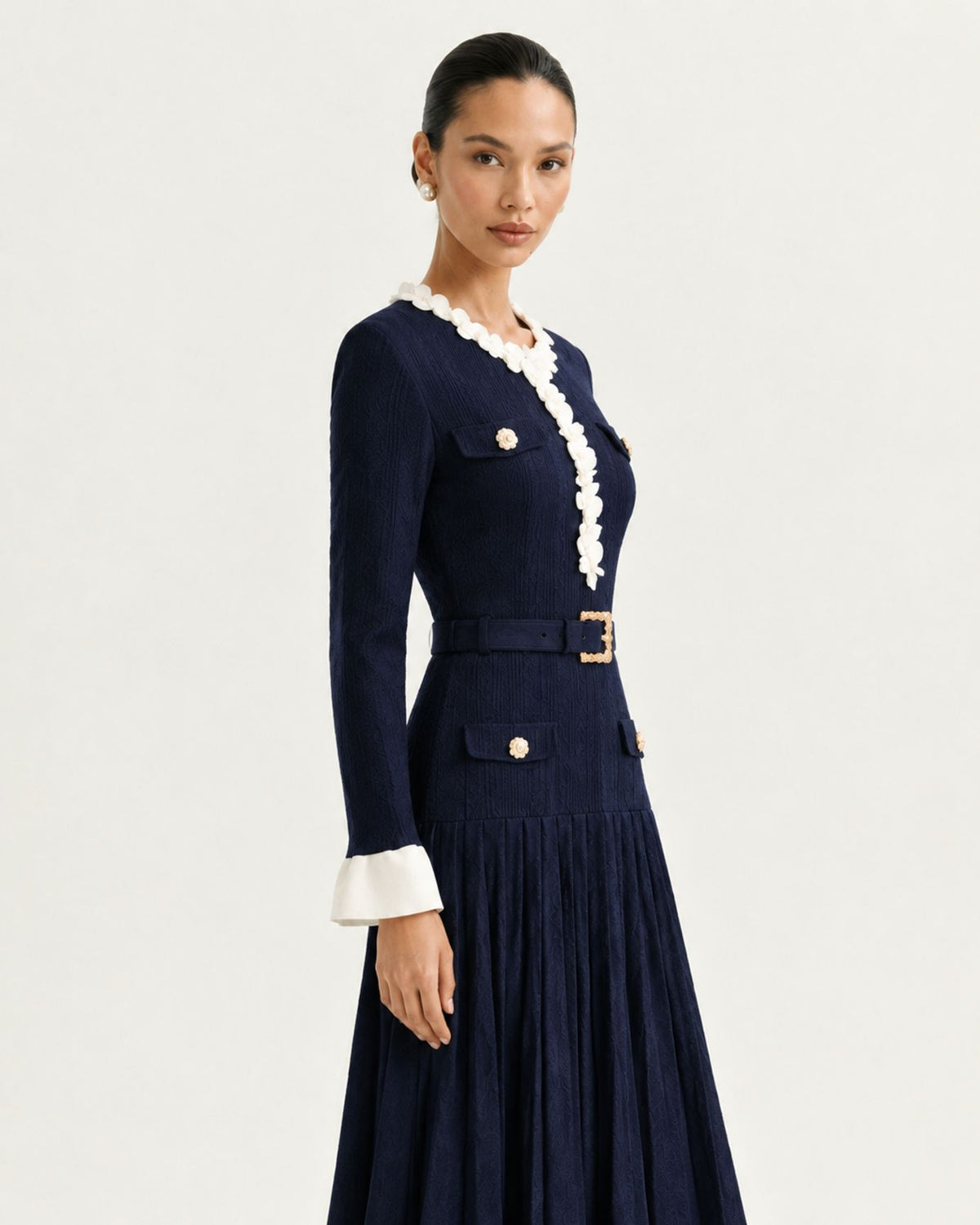 Long-Sleeve Navy Blue Midi Knit Dress with Floral Trim & Belt