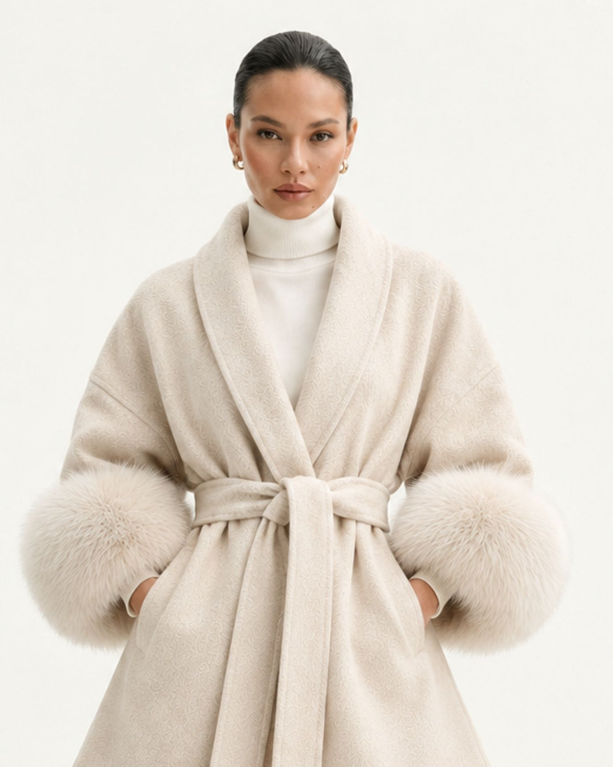 Divina Belted Double-Faced Wool Coat with Fox Fur Cuffs