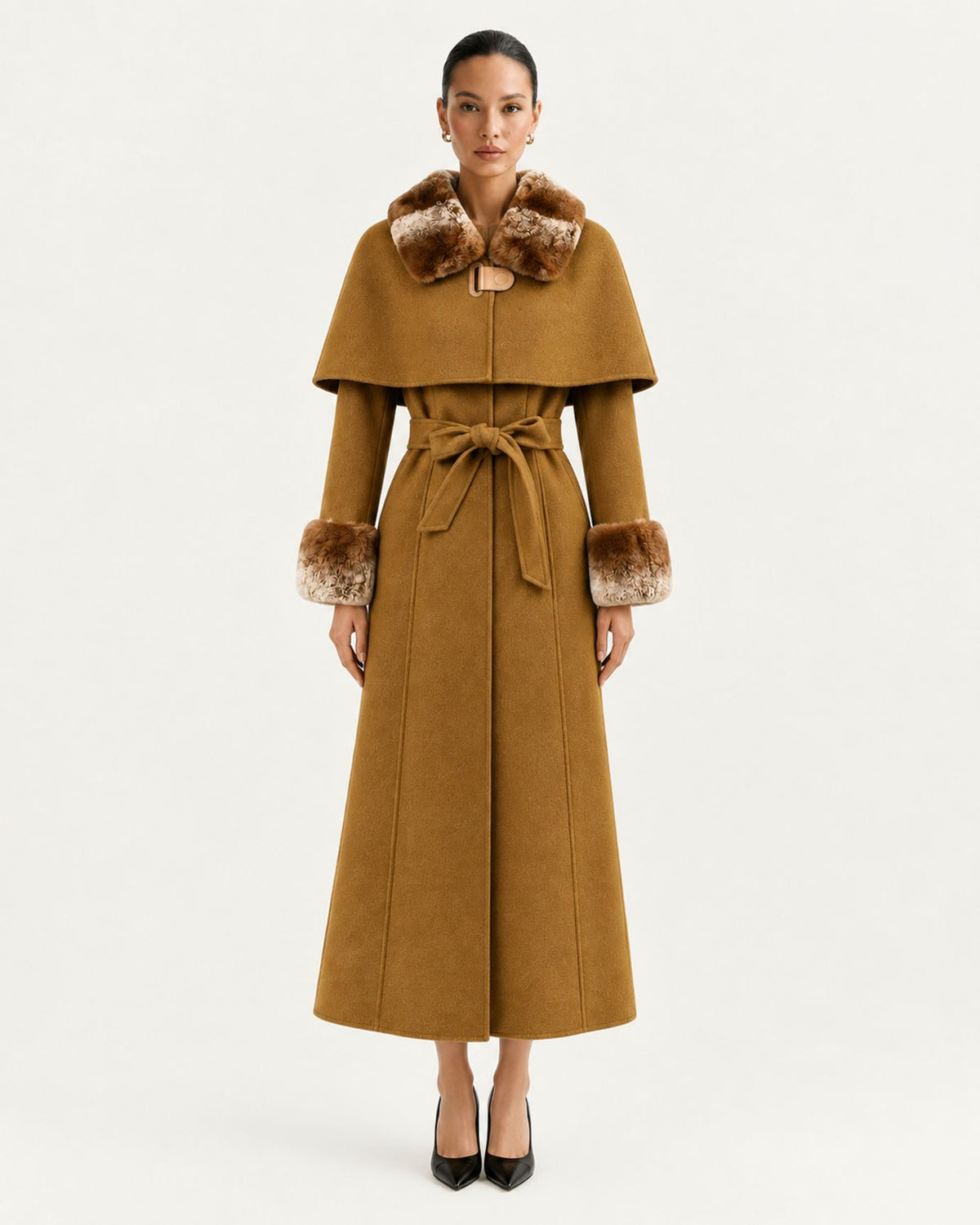 Long Double-Faced Wool Cape with Rex Rabbit Fur Collar