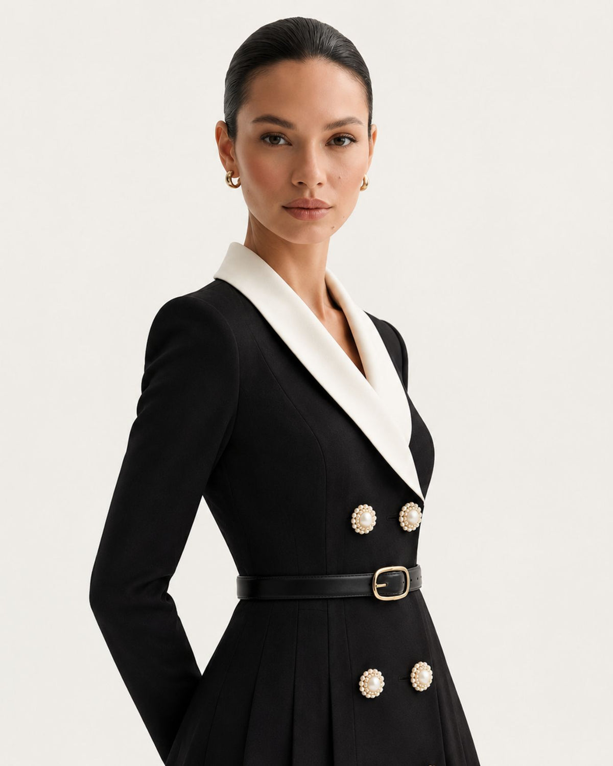 Black Double-Breasted Pleated Suit Dress