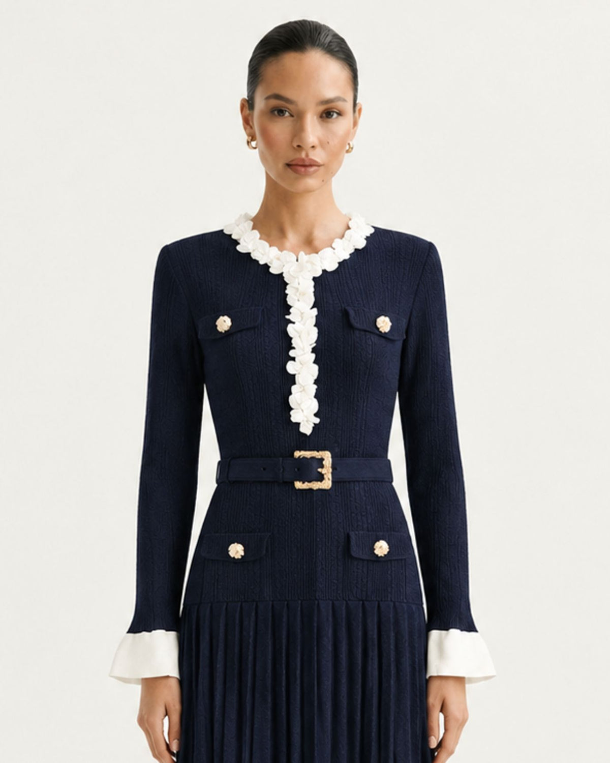 Long-Sleeve Navy Blue Midi Knit Dress with Floral Trim & Belt