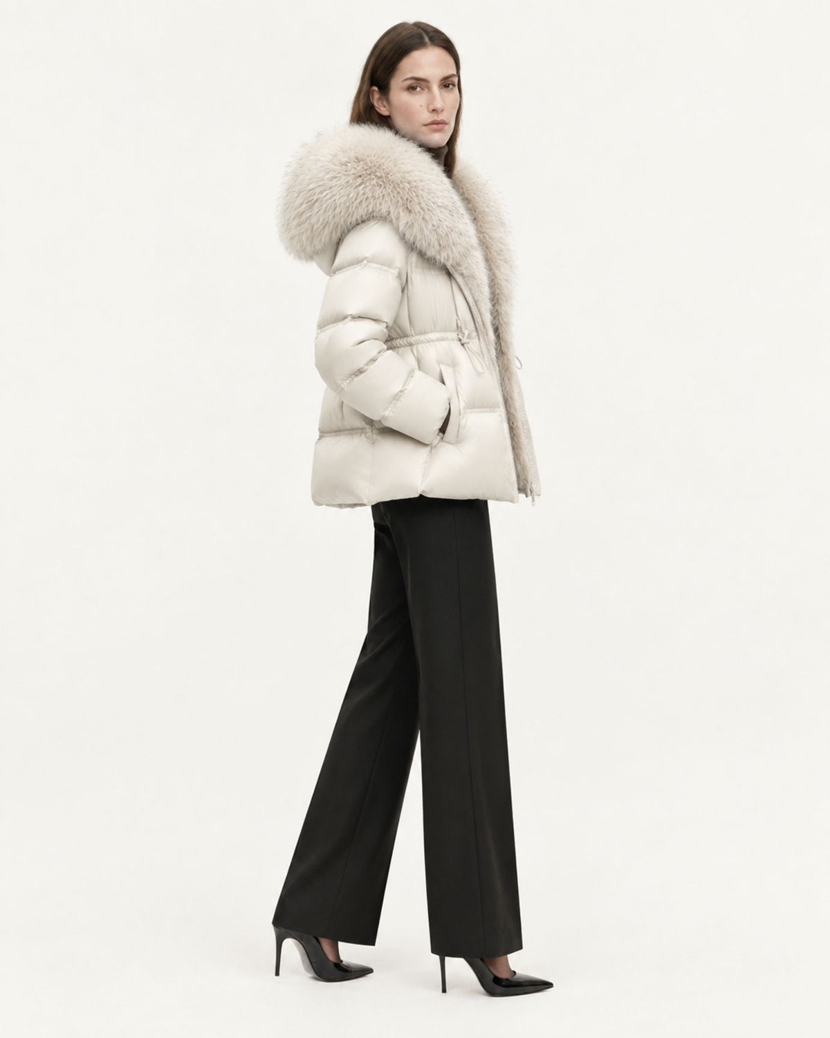 Belted Goose Down Coat with Detachable Fox Fur Collar