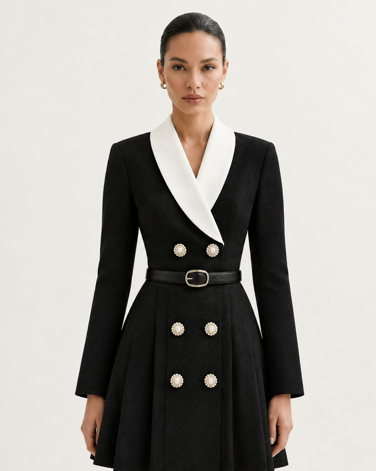 Black Double-Breasted Pleated Suit Dress