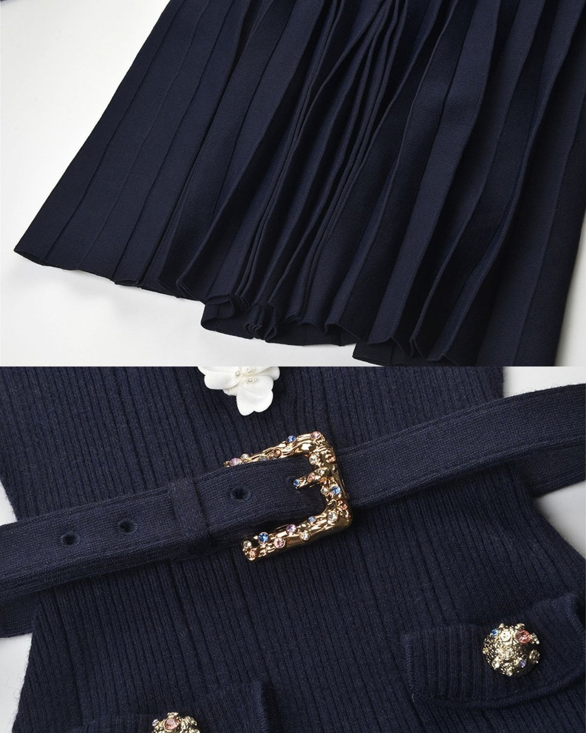 Long-Sleeve Navy Blue Midi Knit Dress with Floral Trim & Belt