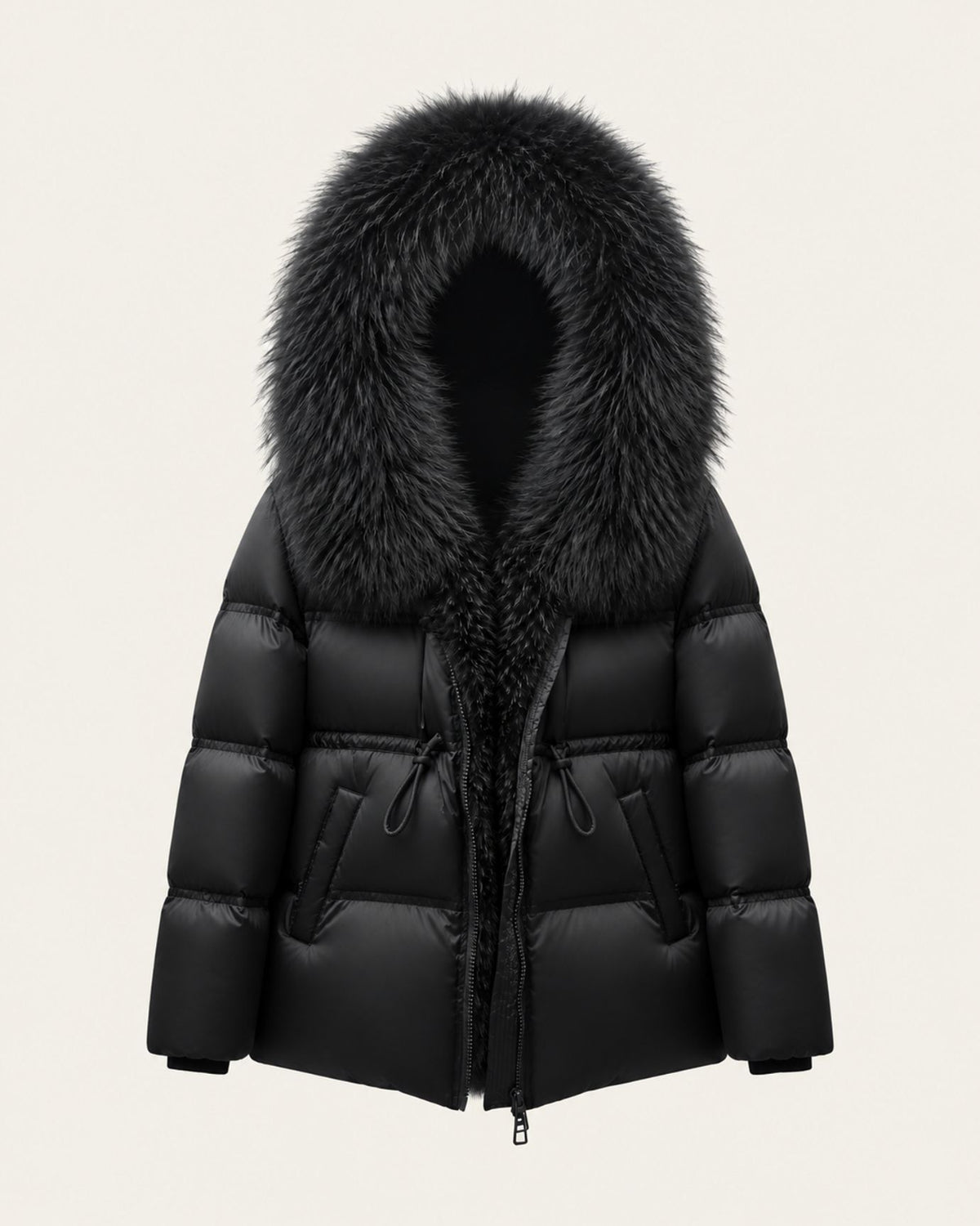 Belted Goose Down Coat with Detachable Fox Fur Collar