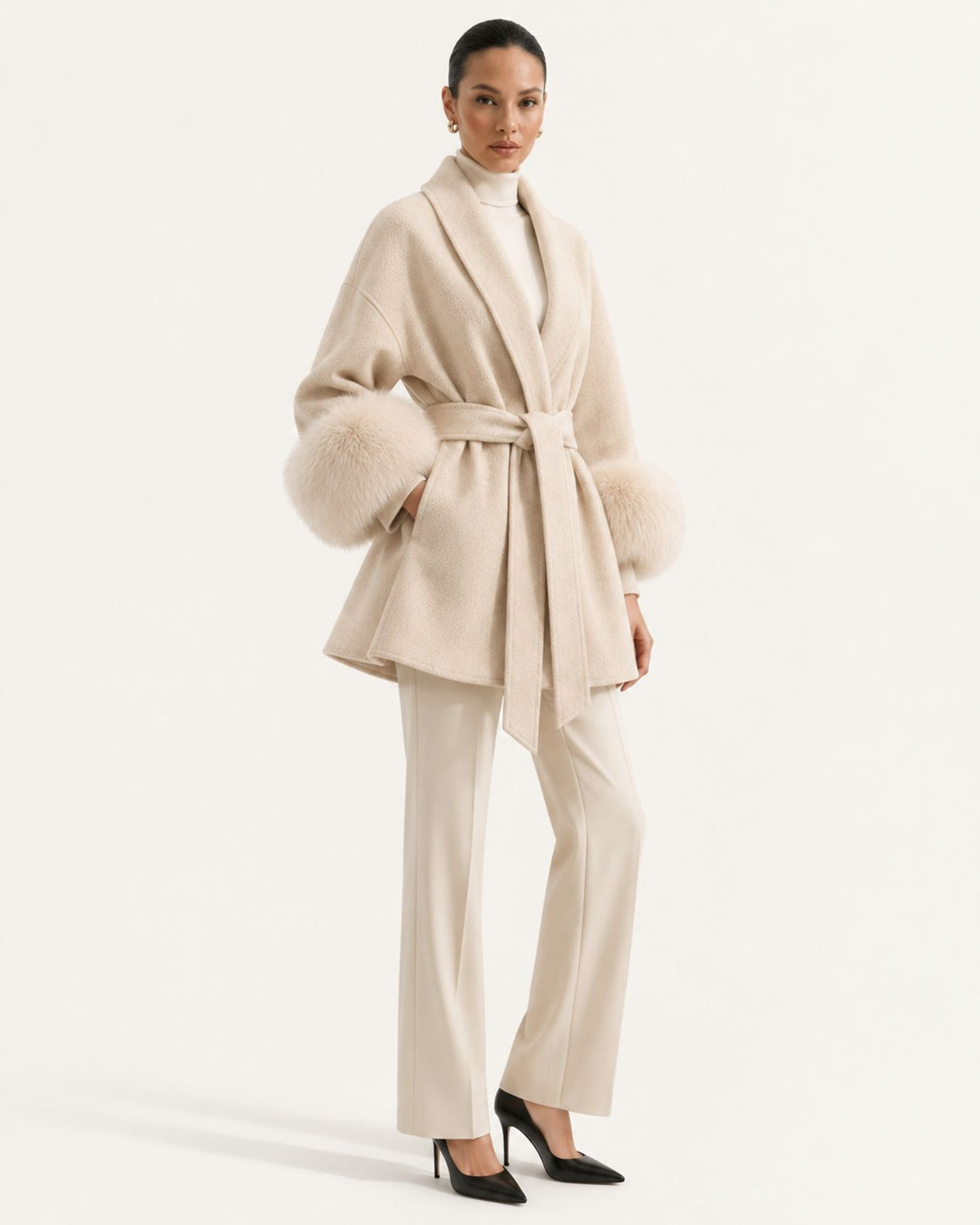 Divina Belted Double-Faced Wool Coat with Fox Fur Cuffs