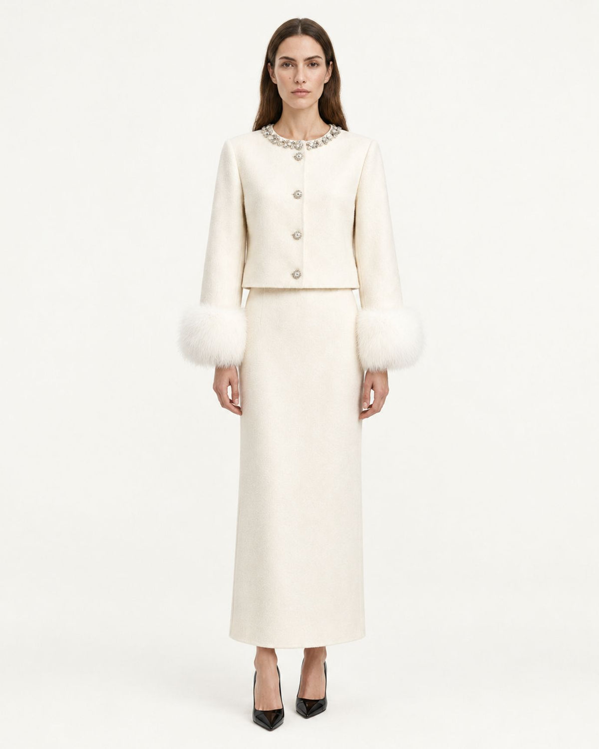 Diamond Cropped Double-Faced Wool Jacket and Skirt Set