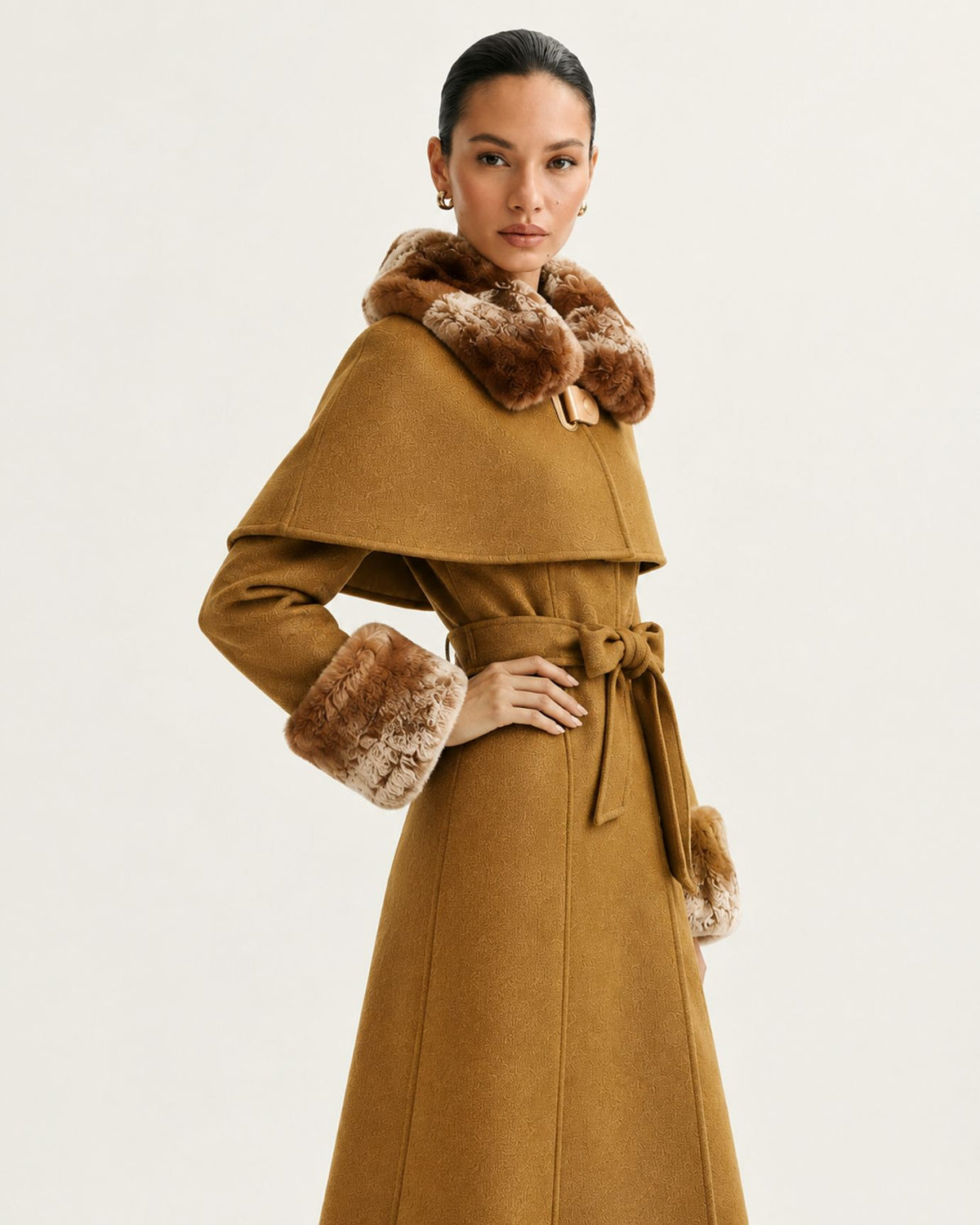 Long Double-Faced Wool Cape with Rex Rabbit Fur Collar