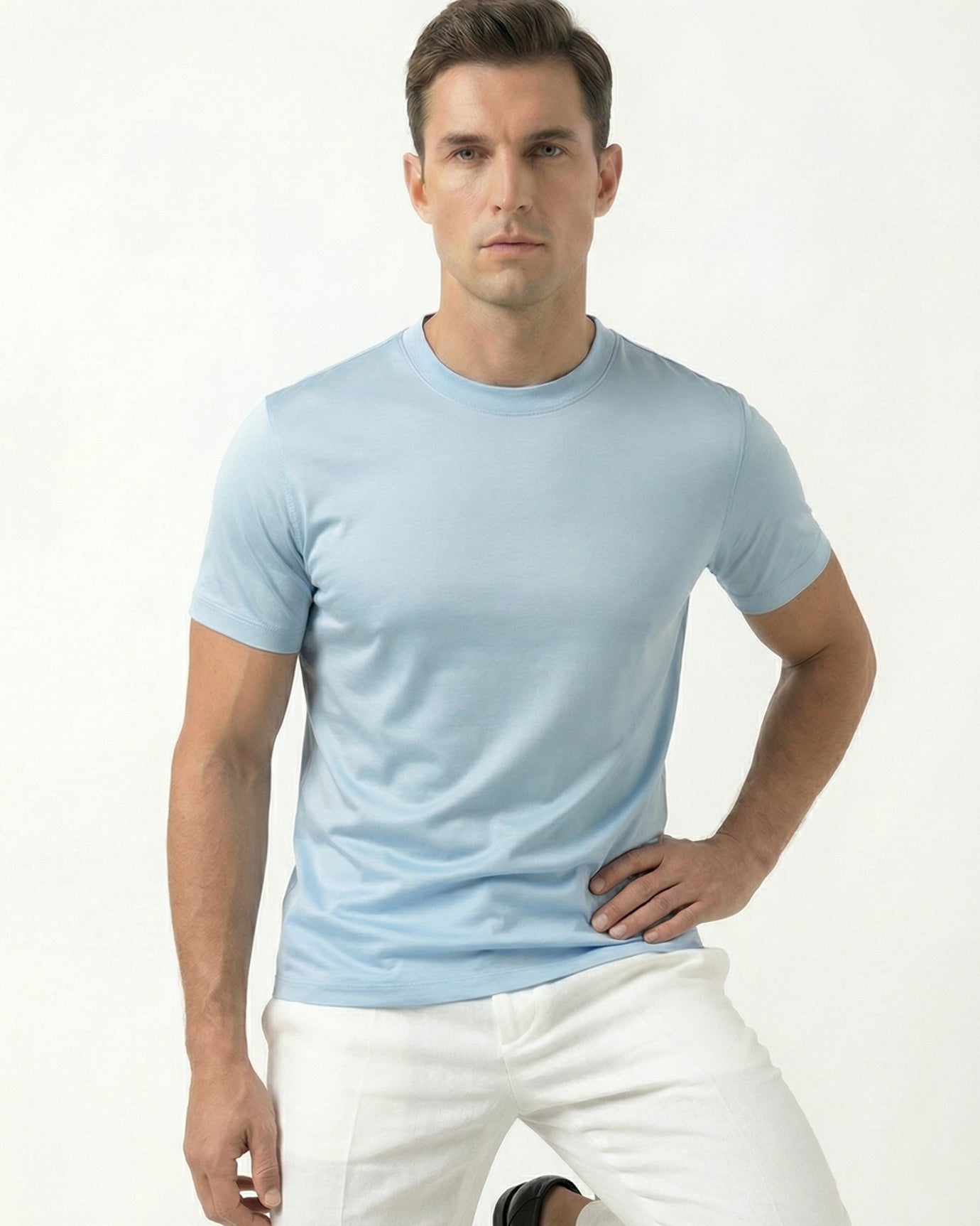 High-Count Light Blue Mercerized Cotton Round Neck Breathable T-Shirt