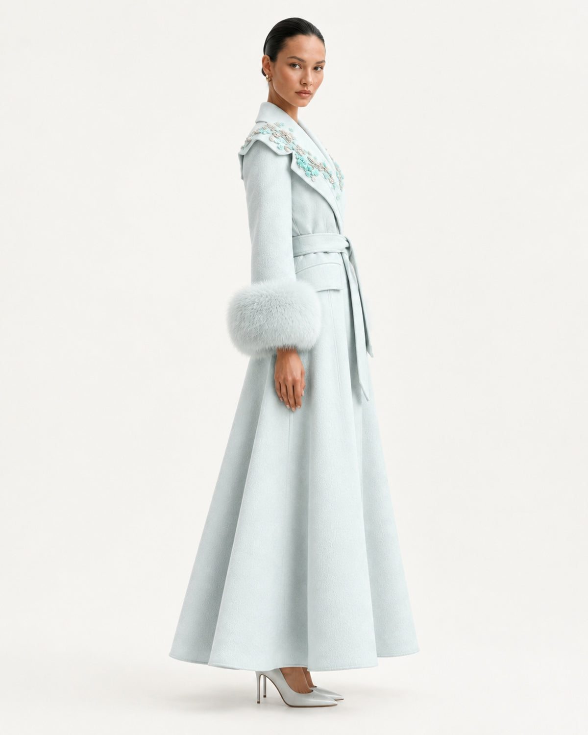 Hamptons Fox Fur Collar Embellished Wool Cashmere Coat