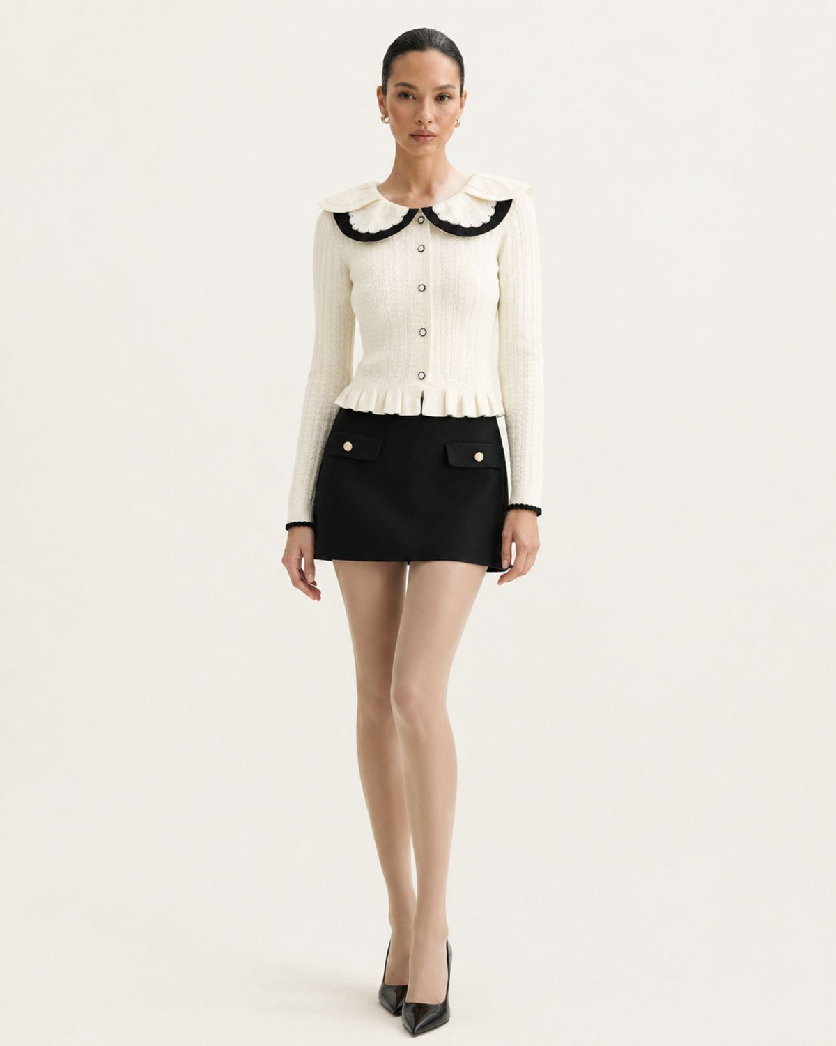 Slim-Fit Colorblock Cardigan with Embroidered Collar
