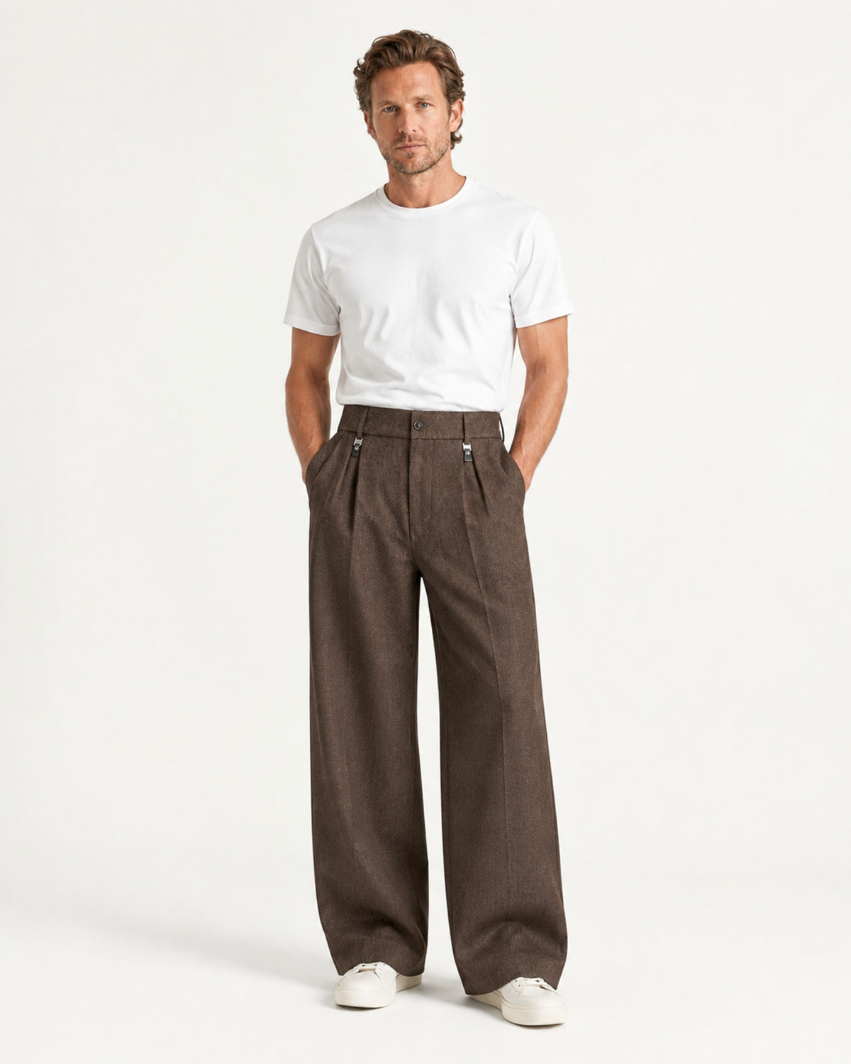 Pleated Barrel-Leg Straight Trousers