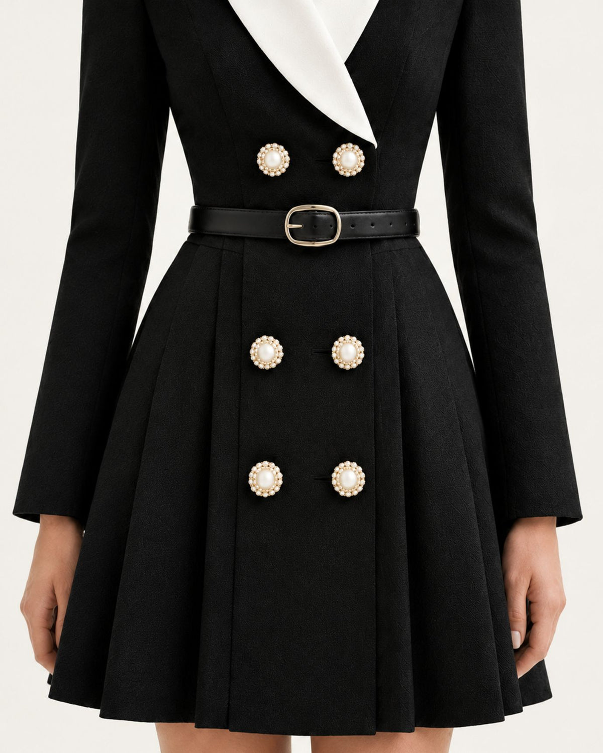Black Double-Breasted Pleated Suit Dress
