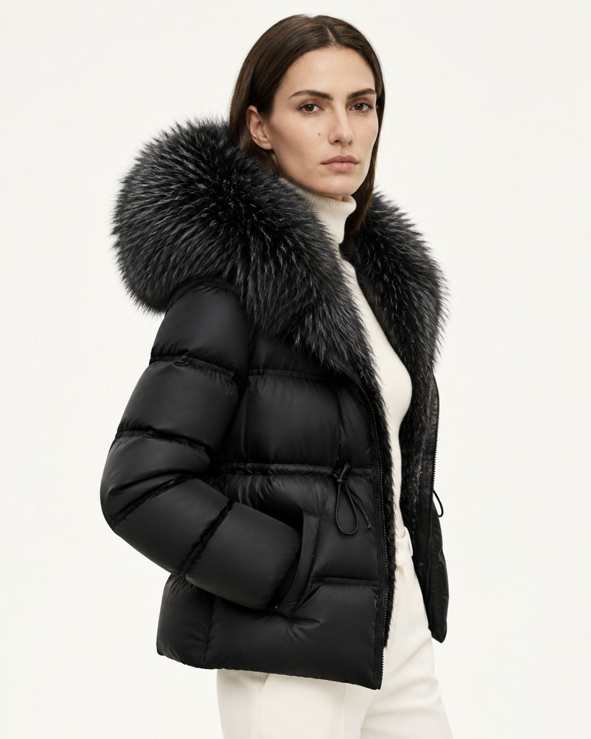 Belted Goose Down Coat with Detachable Fox Fur Collar