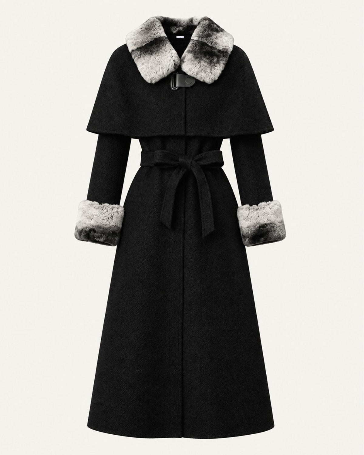 Long Double-Faced Wool Cape with Rex Rabbit Fur Collar