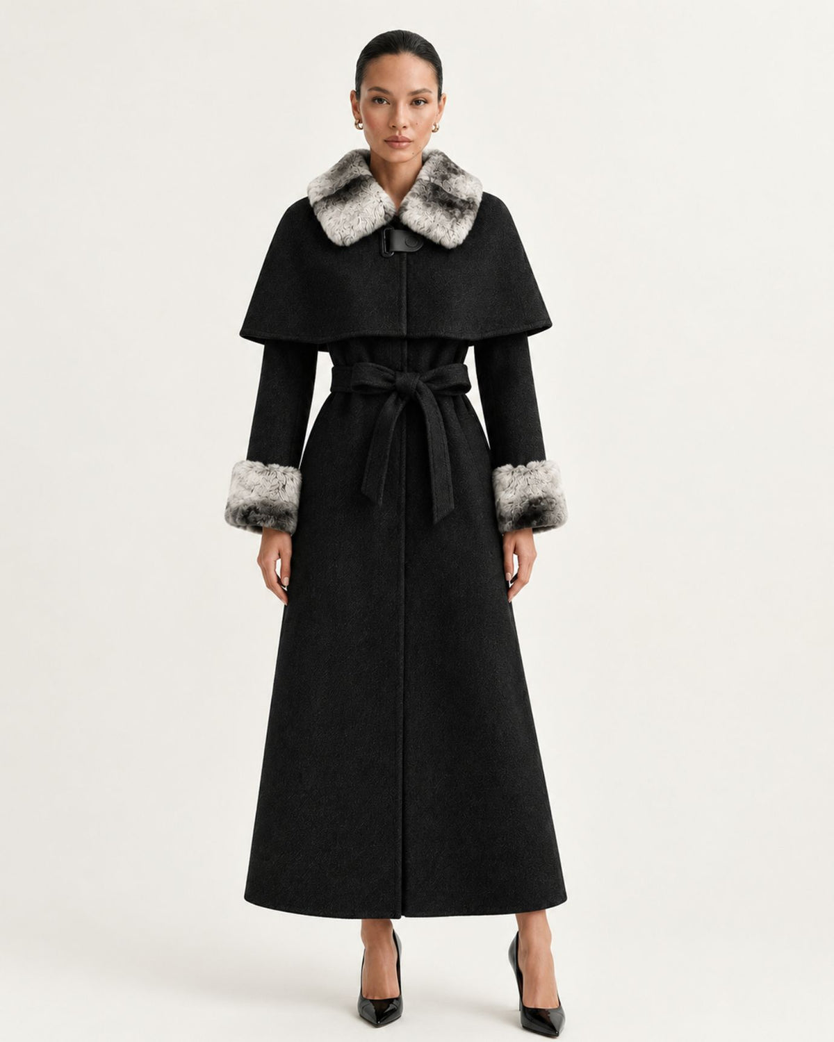 Long Double-Faced Wool Cape with Rex Rabbit Fur Collar