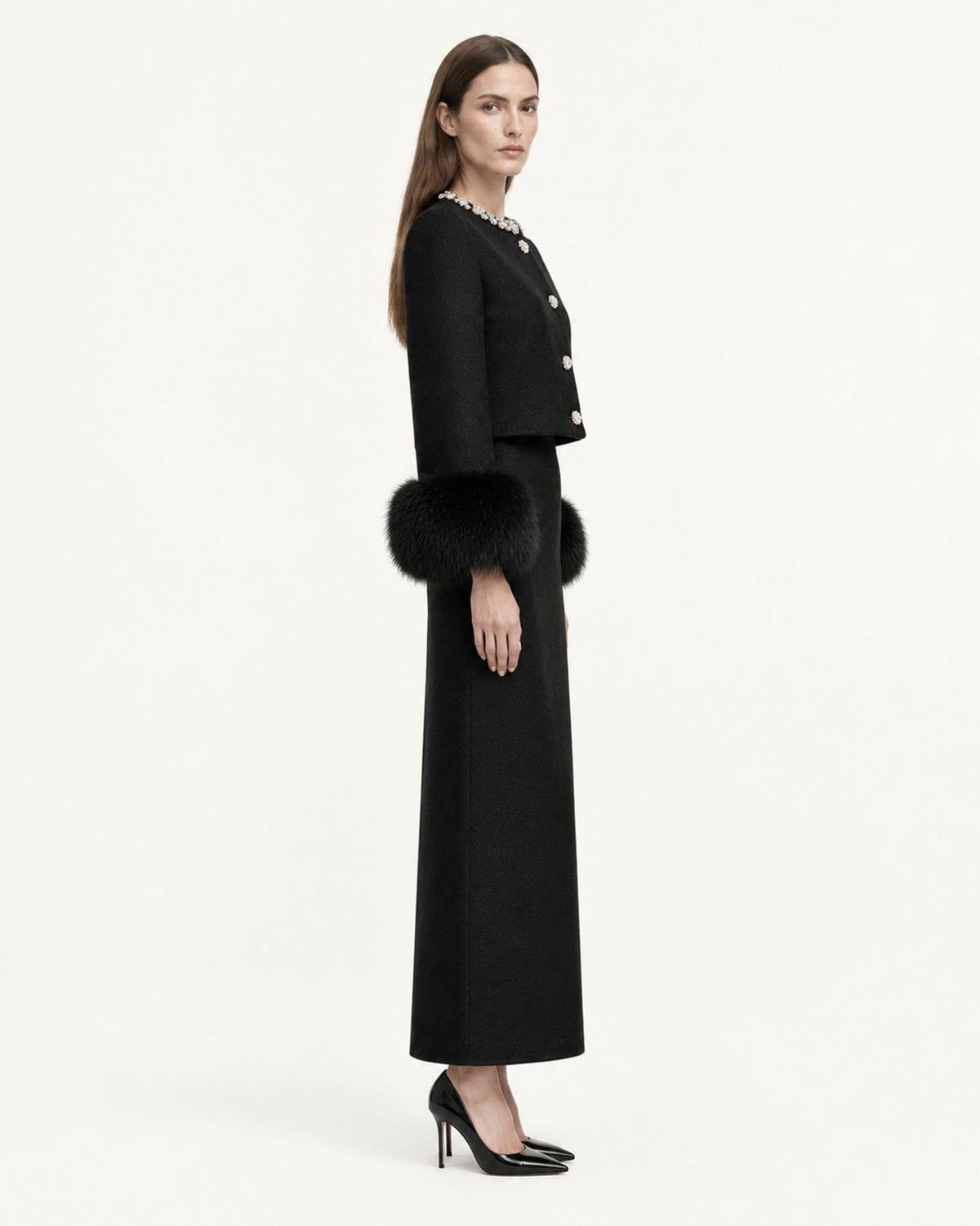 Diamond Cropped Double-Faced Wool Jacket and Skirt Set
