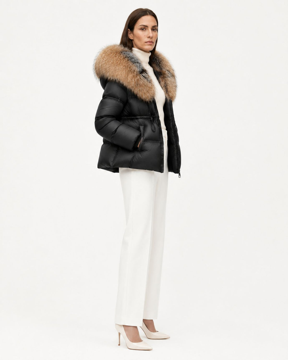 Belted Goose Down Coat with Detachable Fox Fur Collar