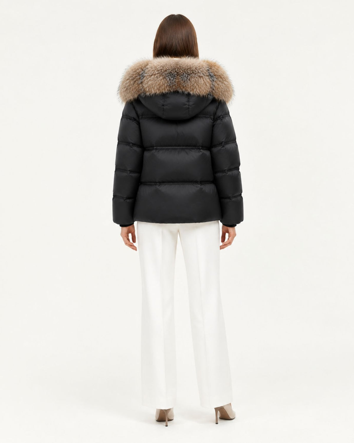 Belted Goose Down Coat with Detachable Fox Fur Collar