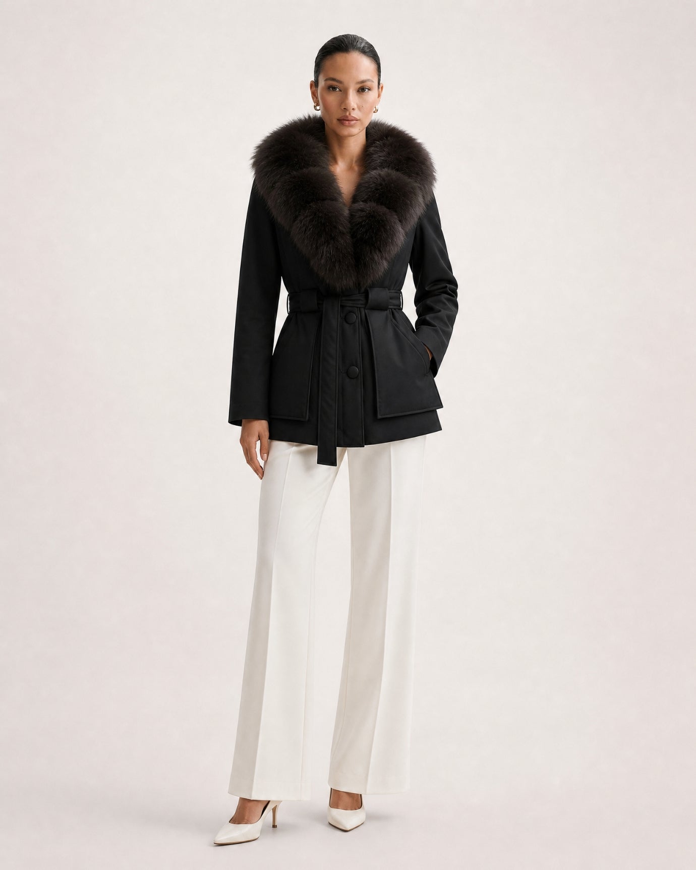 Fox Fur Collar Down Jacket With Belt