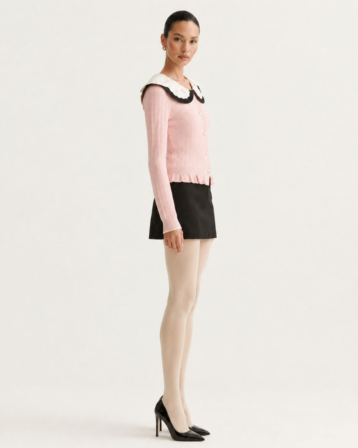 Slim-Fit Colorblock Cardigan with Embroidered Collar
