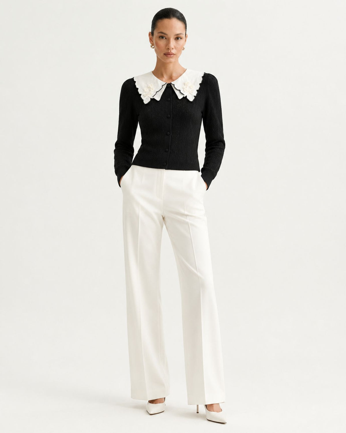 Kimberly Long-Sleeve Cardigan with Embroidered Floral Collar