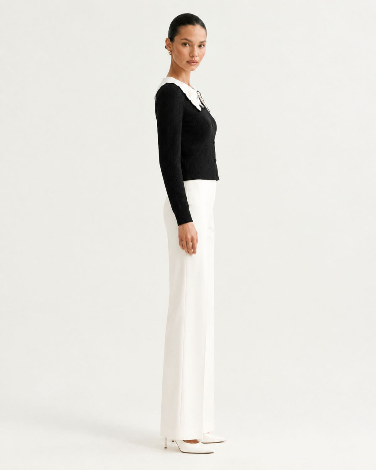 Kimberly Long-Sleeve Cardigan with Embroidered Floral Collar