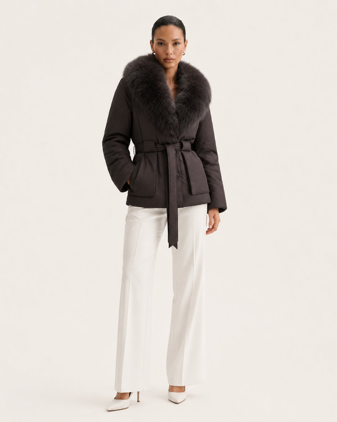 Fox Fur Collar Down Jacket With Belt
