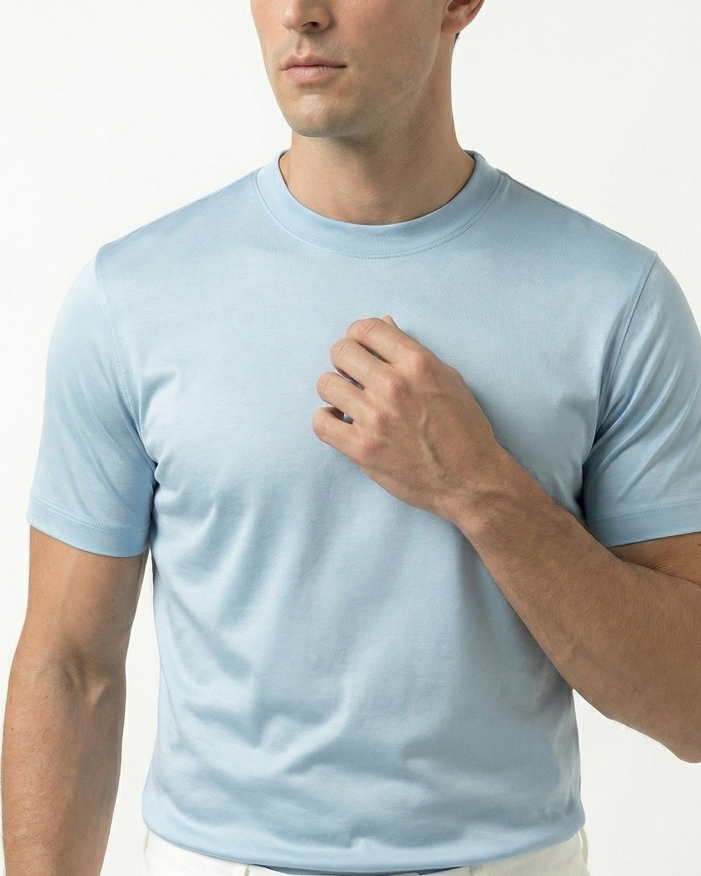 High-Count Light Blue Mercerized Cotton Round Neck Breathable T-Shirt