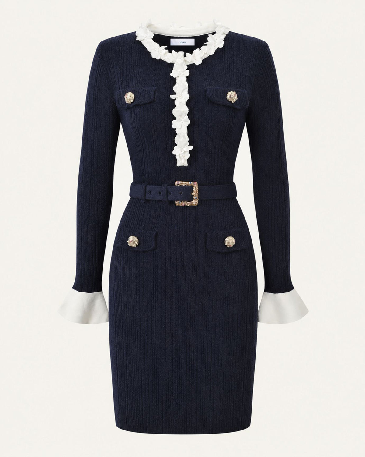 Kira Belted Bell-Sleeve Knit Dress