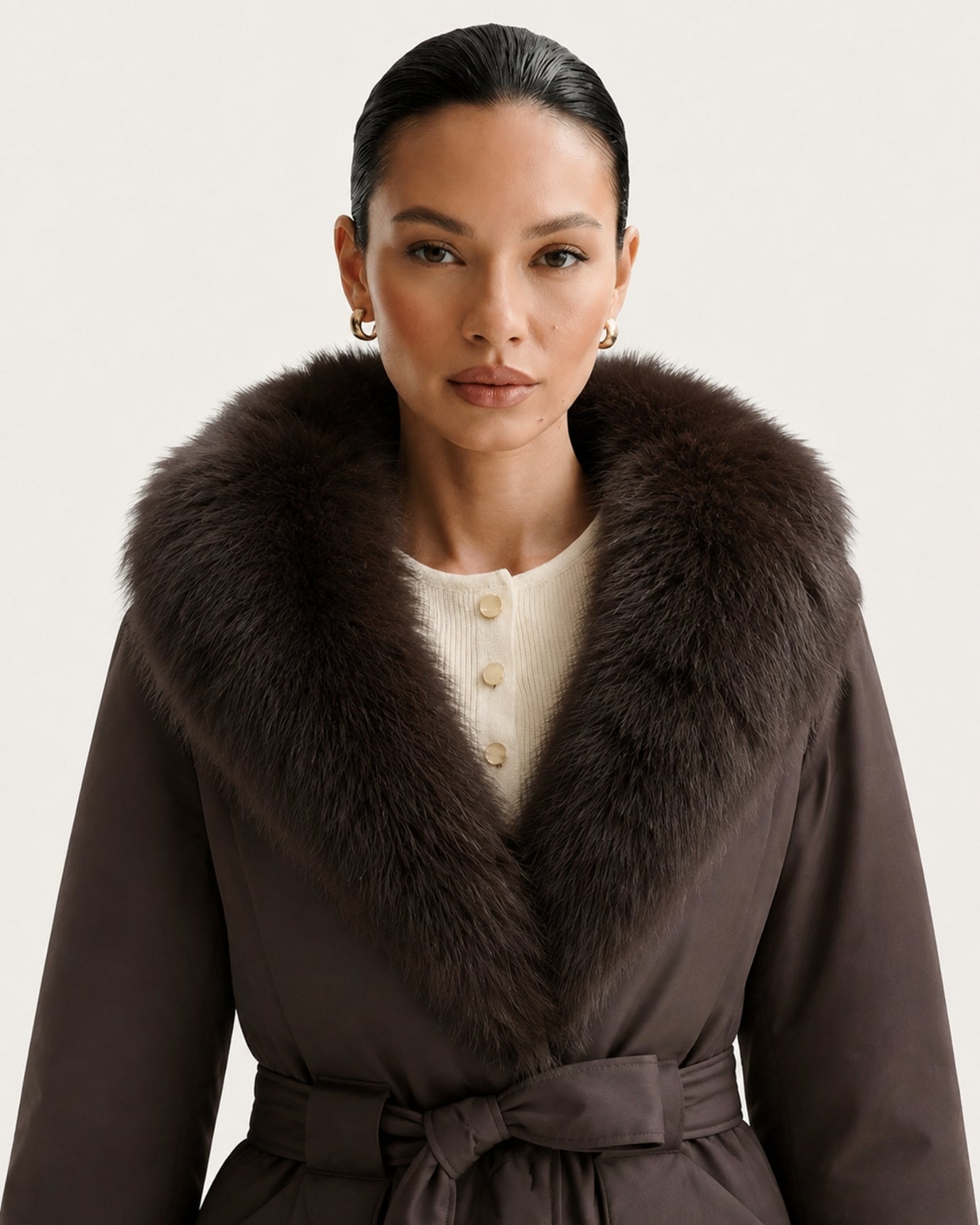 Fox Fur Collar Down Jacket With Belt