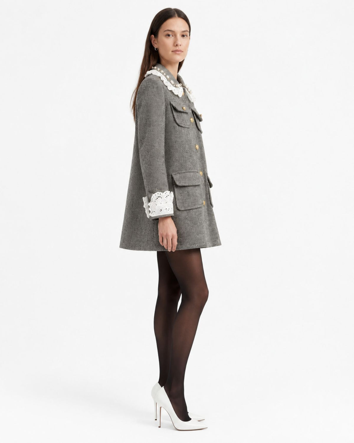 Limited Edition Gray Wool Blazer with Beaded Lace Lapel
