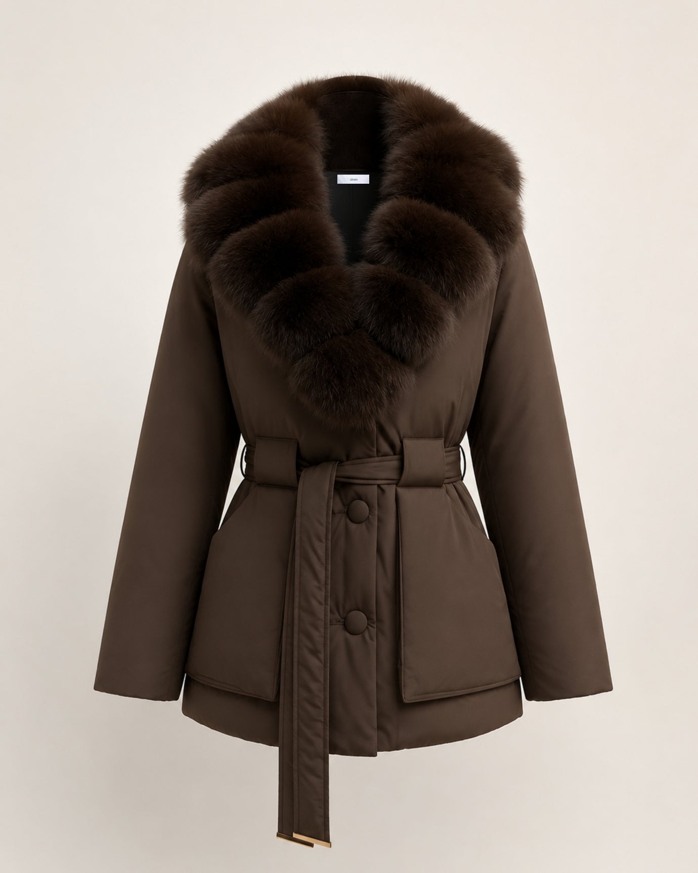 Fox Fur Collar Down Jacket With Belt