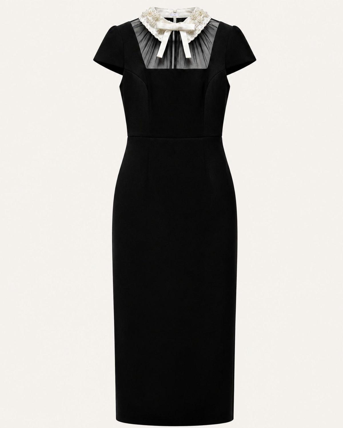 Cinched-Waist Contrast-Trim Bow Midi Black Dress
