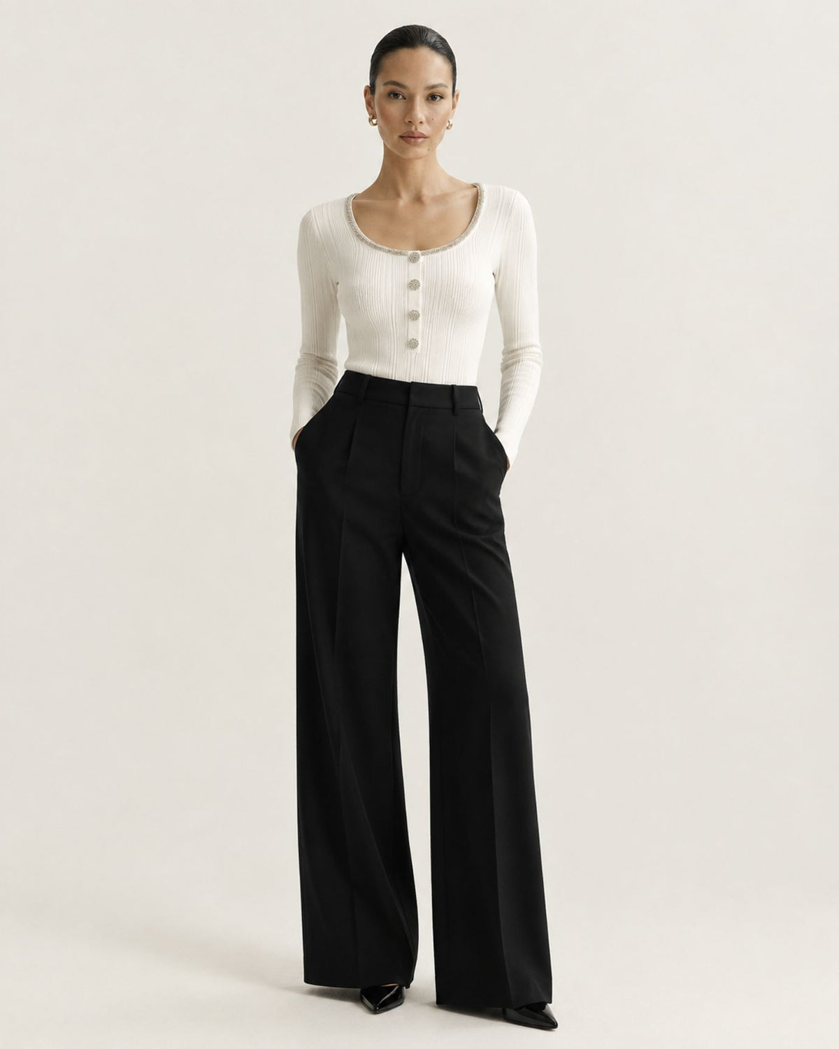 Diamond-Embellished Slim-Fit Scoop Neck Top