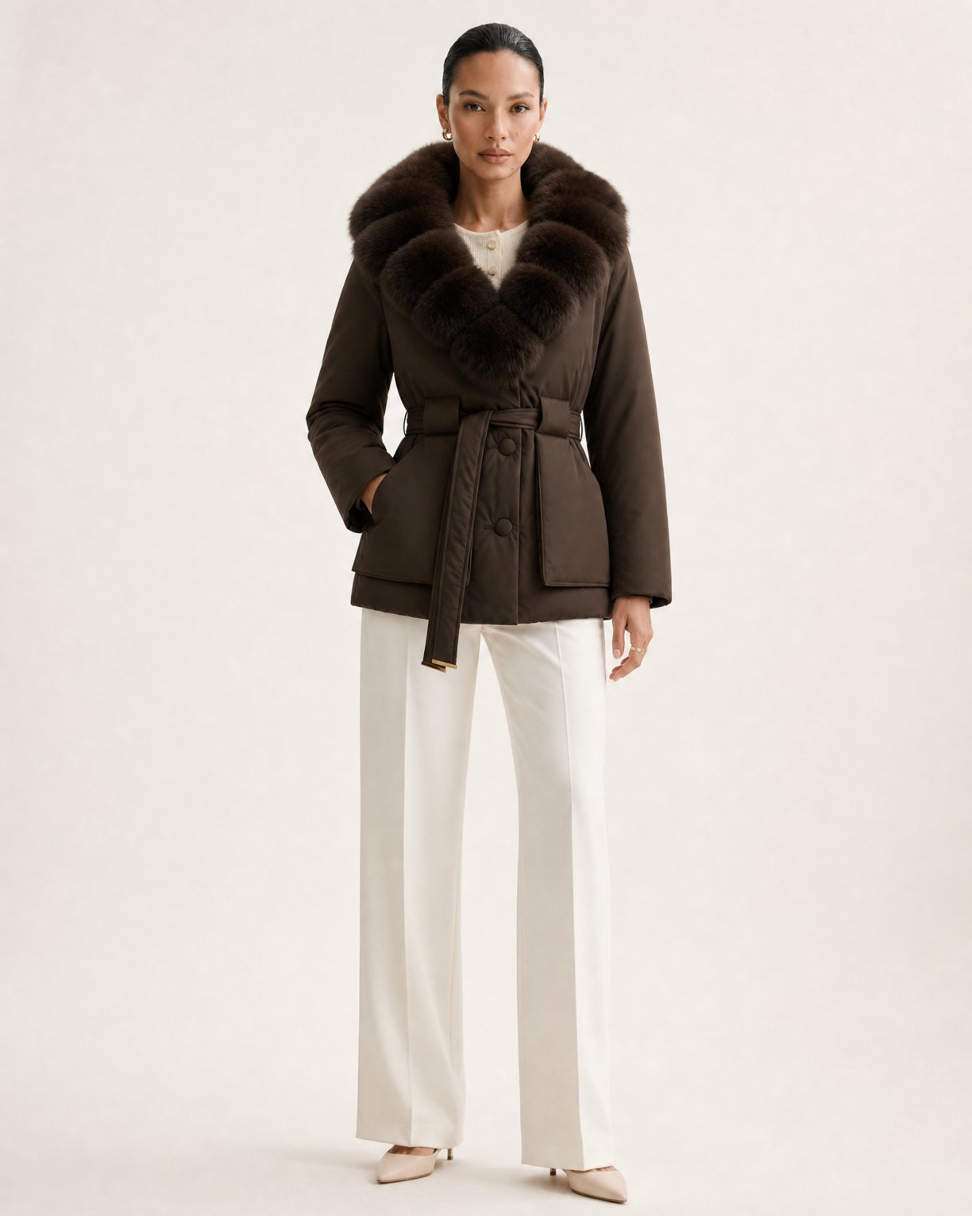 Fox Fur Collar Down Jacket With Belt