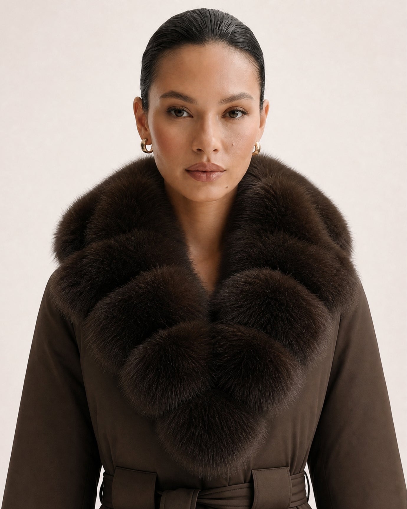 Fox Fur Collar Down Jacket With Belt