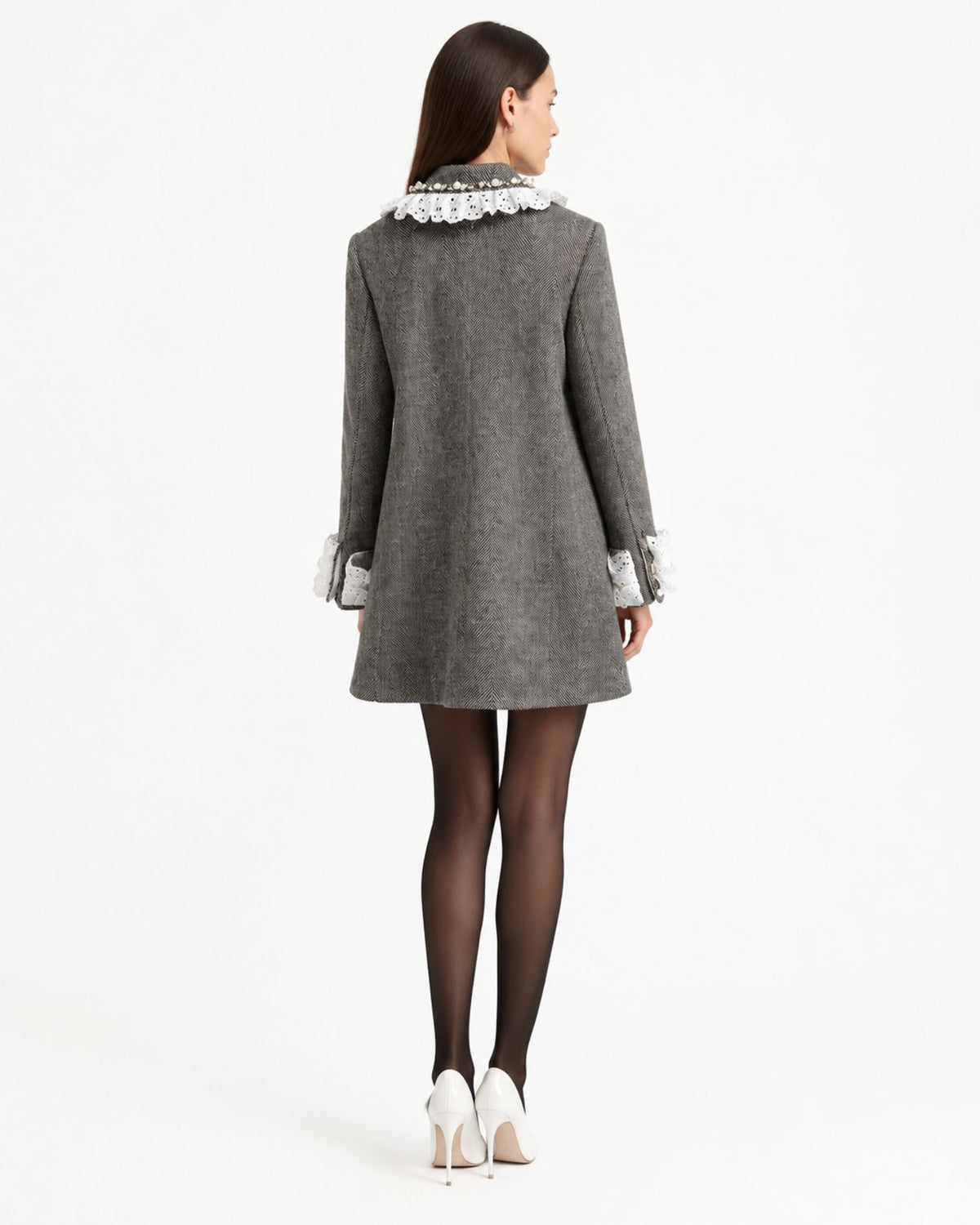 Limited Edition Gray Wool Blazer with Beaded Lace Lapel