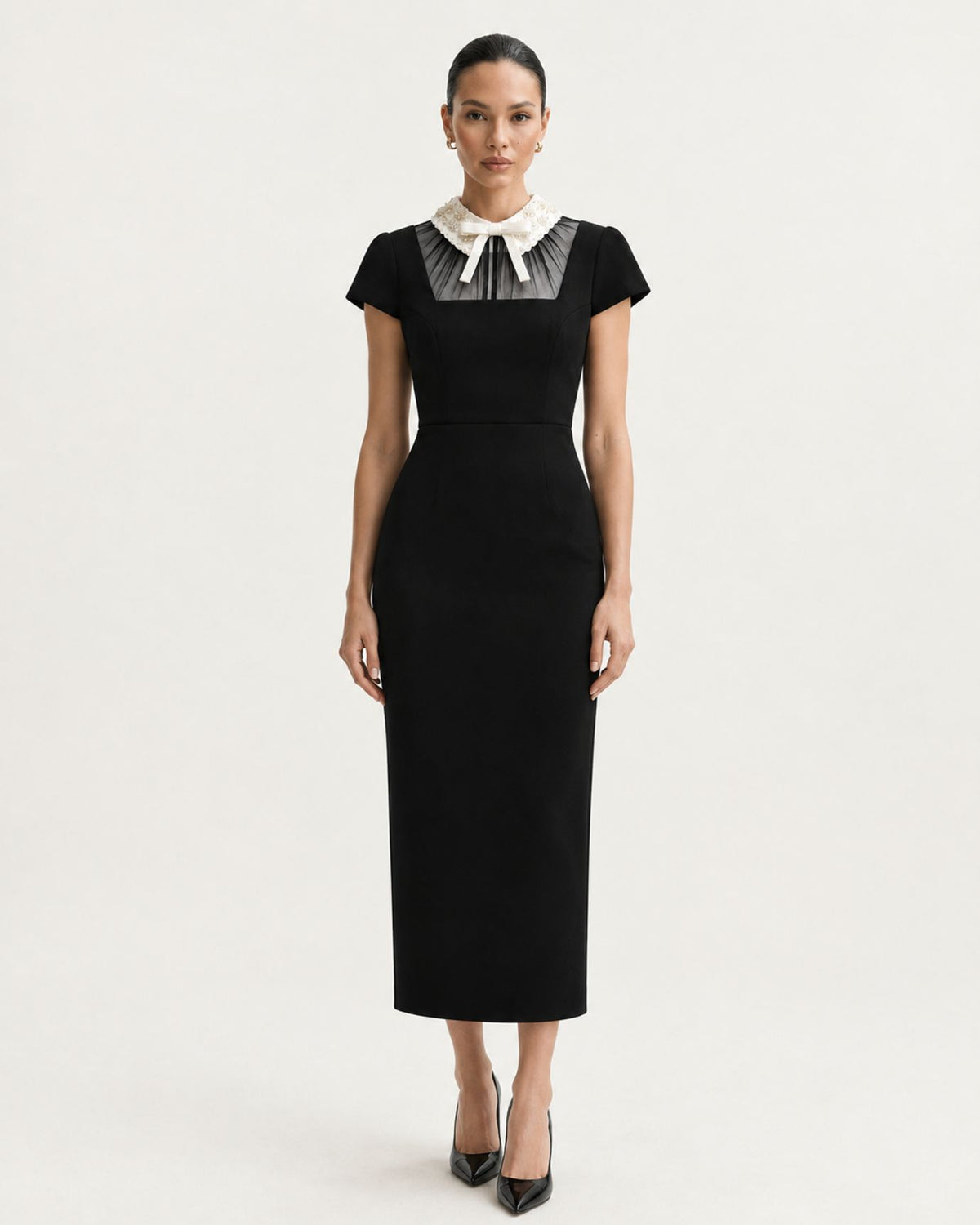 Cinched-Waist Contrast-Trim Bow Midi Black Dress