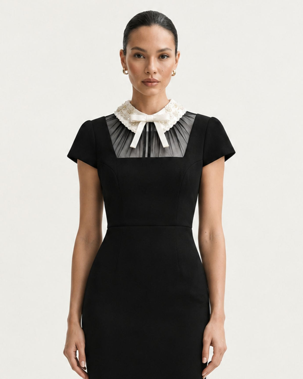 Cinched-Waist Contrast-Trim Bow Midi Black Dress