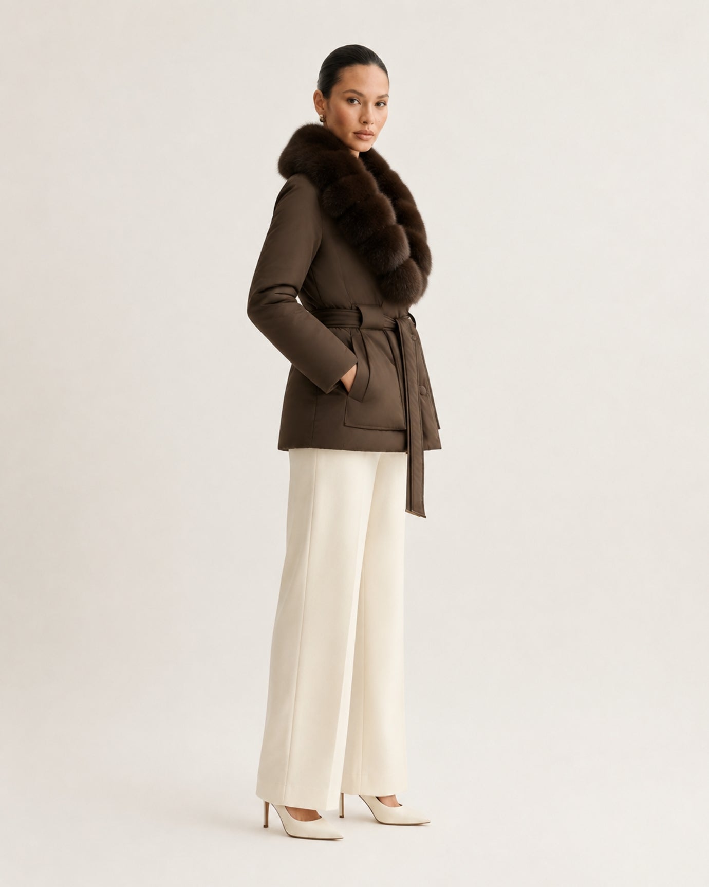 Fox Fur Collar Down Jacket With Belt