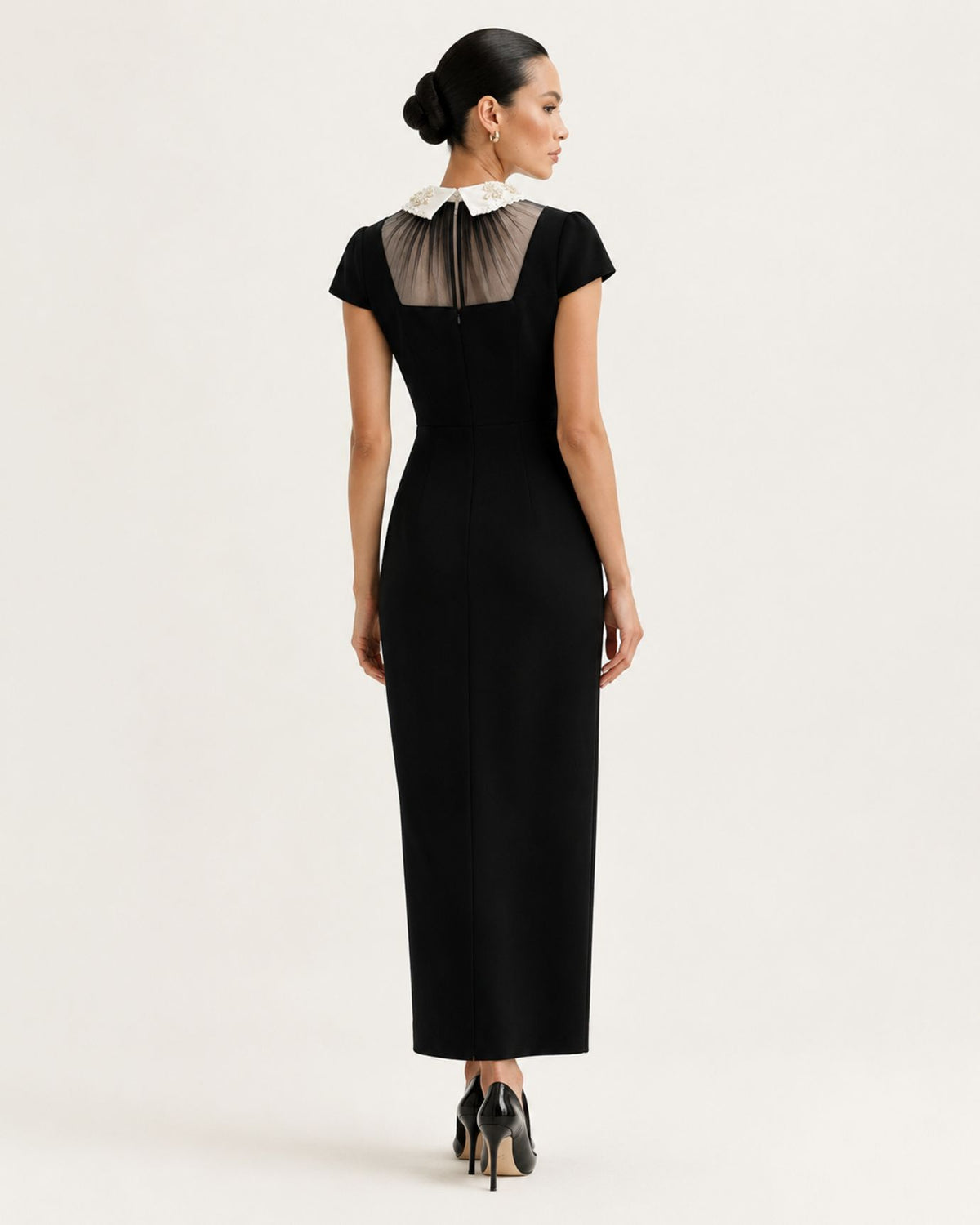 Cinched-Waist Contrast-Trim Bow Midi Black Dress
