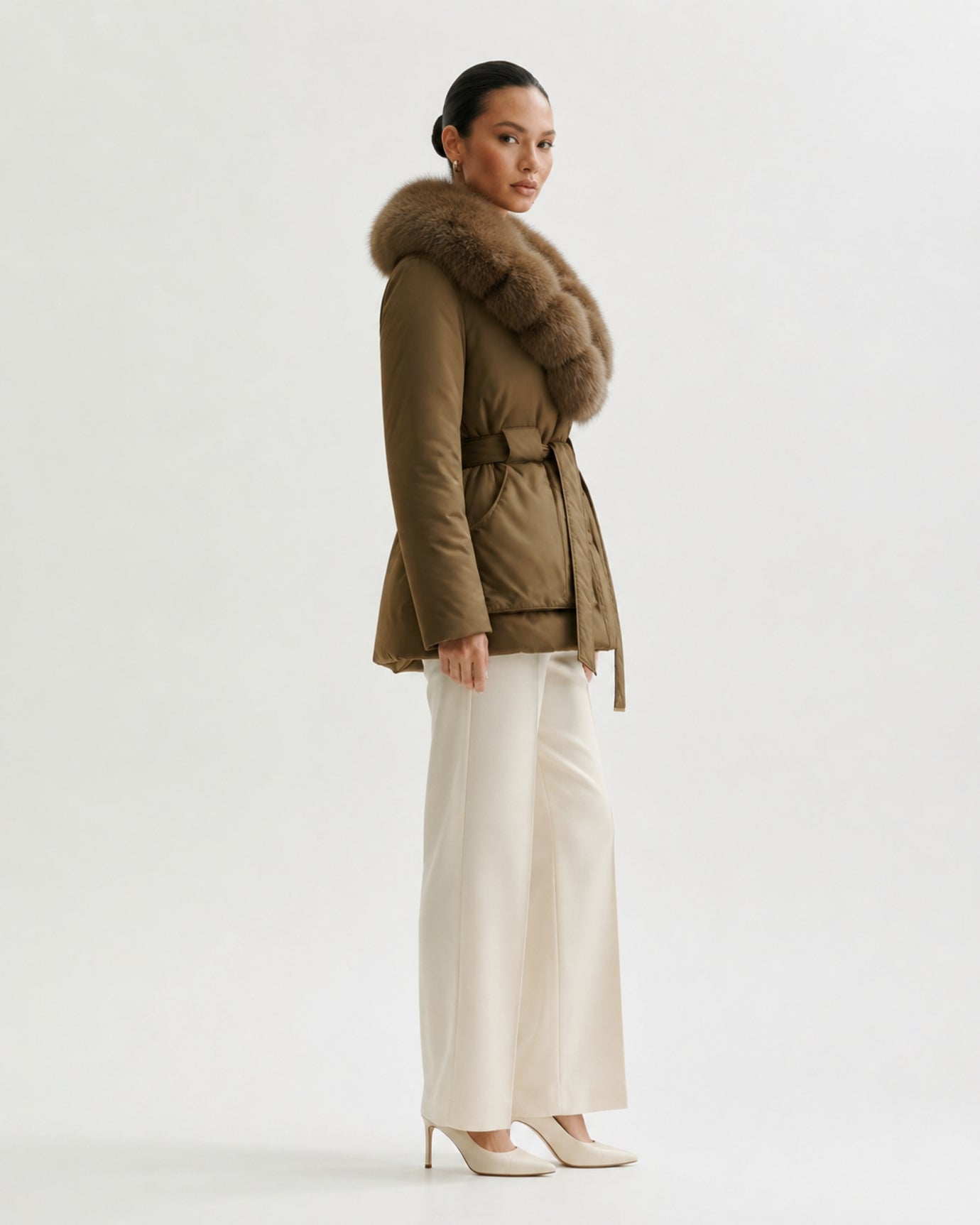 Fox Fur Collar Down Jacket With Belt