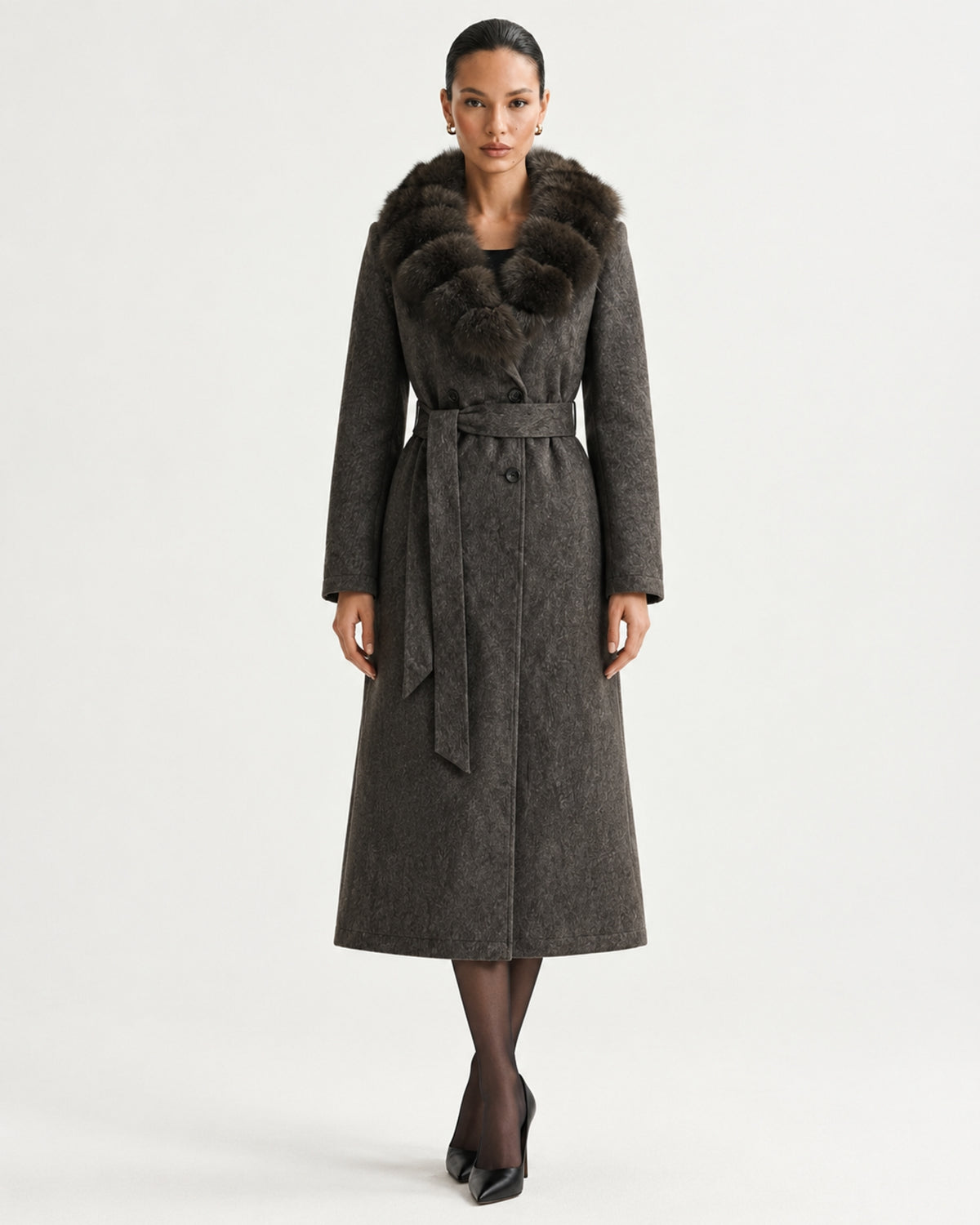 Relaxed Fit Heavyweight Down Coat with Fur Collar Long